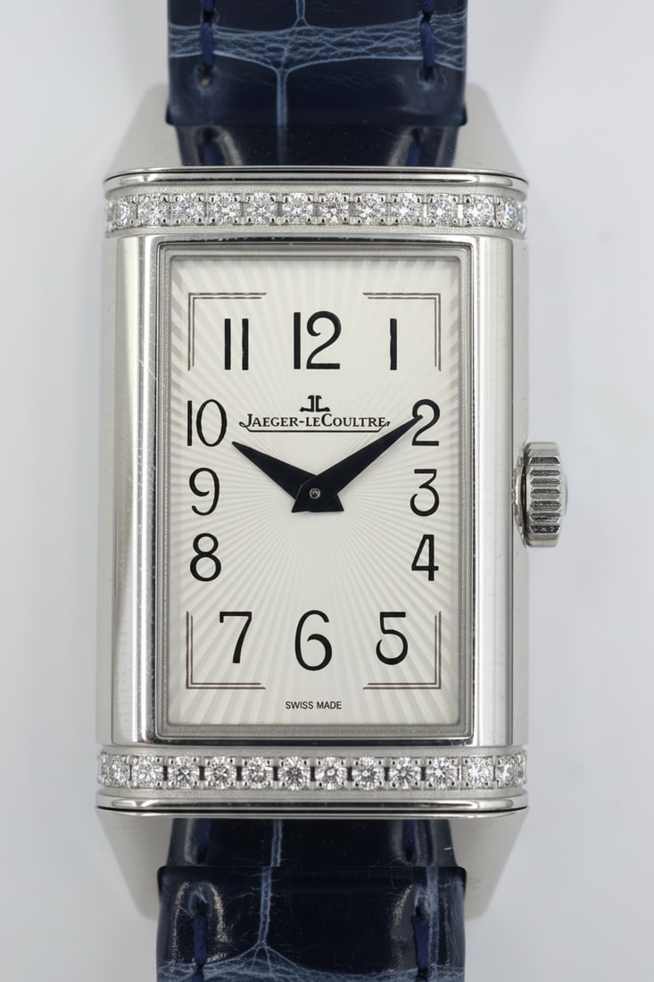 JLC Reverso Ladies Watch — Ref 201.8.44: Jaeger-LeCoultre Reverso, reference 201.8.44. 20 × 40.1mm case. Diamond-set bezel. Navy blue alligator leather strap. Reversible case. Manual wind movement.