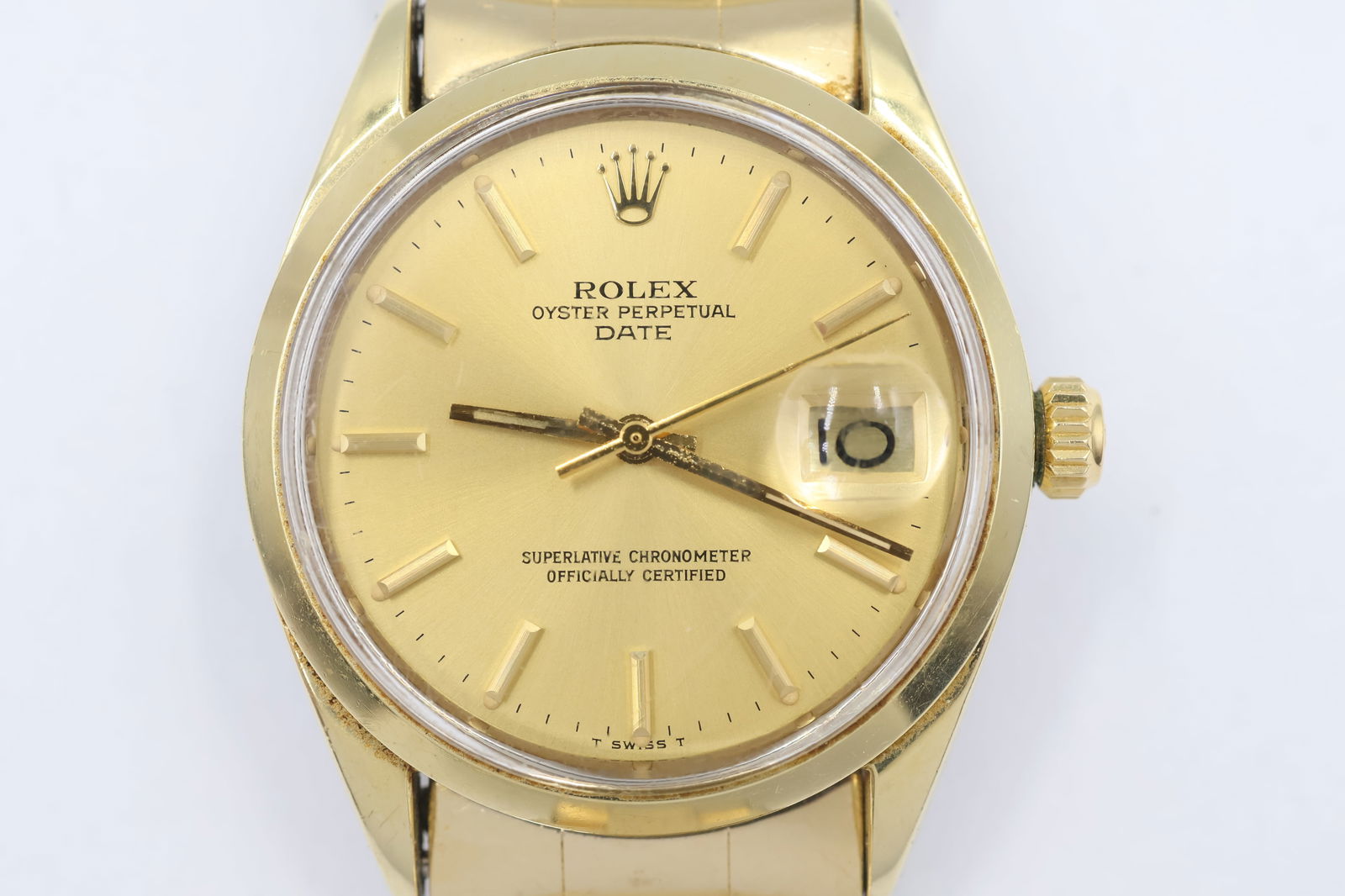 1974 Rolex Oyster Date — Ref 1550, 34mm: Rolex Oyster Perpetual Date, reference 1550, circa 1974. 34mm stainless steel Oyster case. Automatic movement. Date complication.
