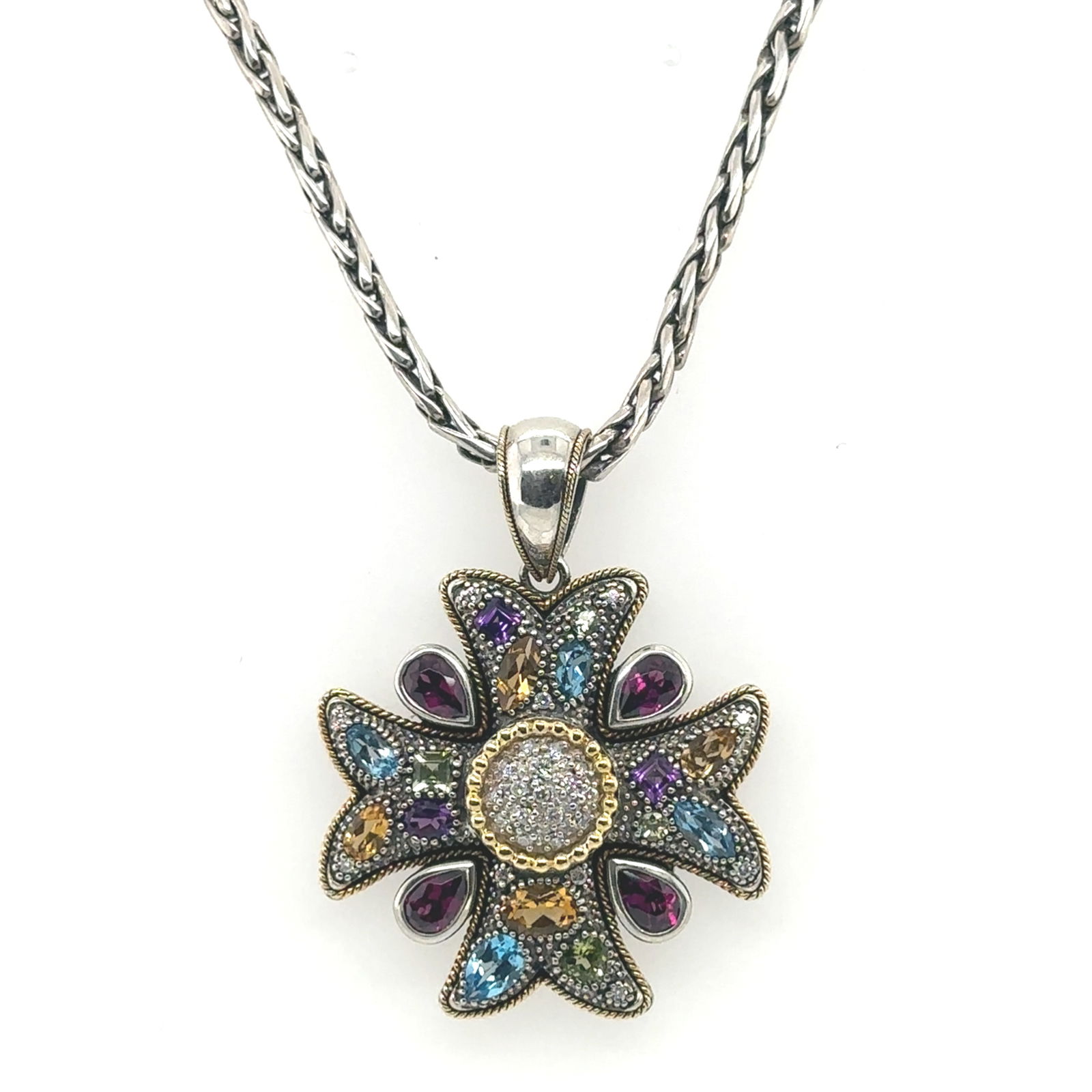 EFFY 14k Gold Multi-Gemstone Cross Pendant: EFFY cross pendant in 14k yellow gold and 925 sterling silver, set with multicoloured gemstones, on a 16-inch chain with toggle closure. Total weight: 41.4g. Stamped 925 and 14k.