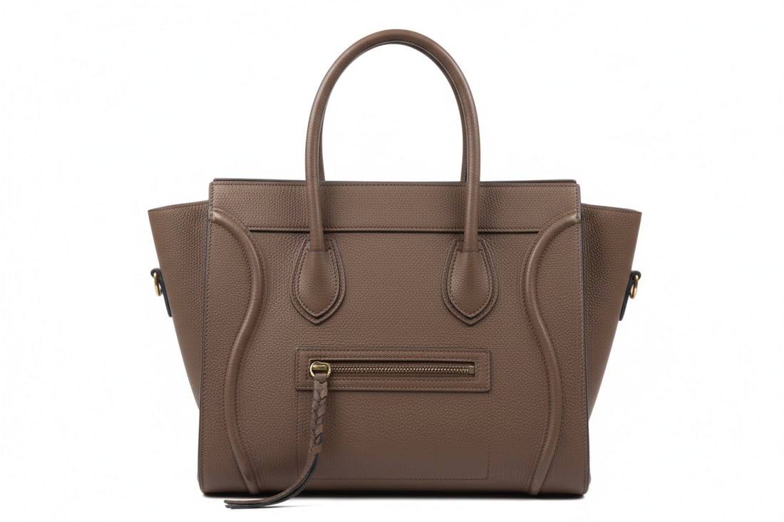 Celine Medium Phantom Luggage Tote Bag: Celine Phantom medium luggage tote in blue and light brown drummed calfskin leather with suede interior. Visible scratches on leather exterior; interior in good condition.