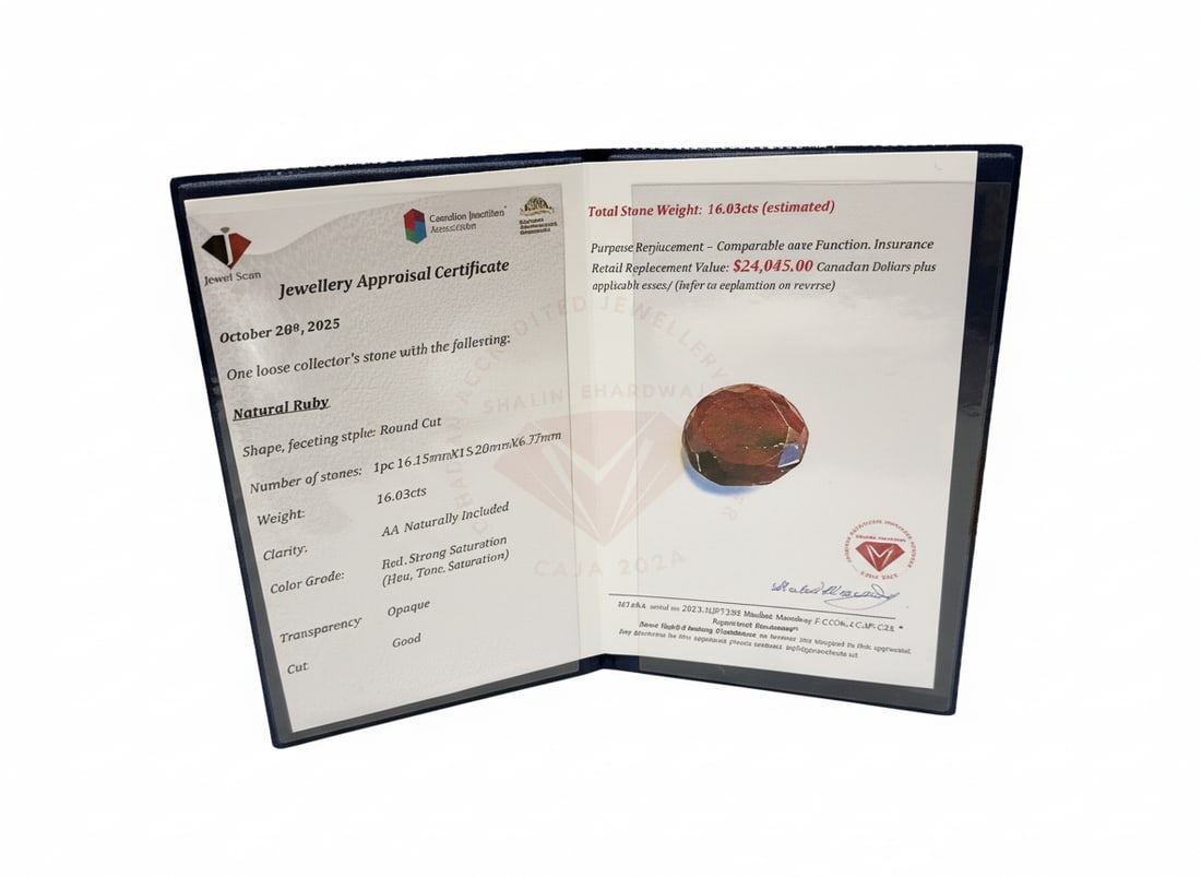 16.03 Natural Loose Ruby With Appraisal Certificate: 16.03 cts Natural Round Cut Ruby16.15 x 15.28 x 6.77 mmClarity: AA naturally includedColour: Red, strong saturationTransparency: OpaqueWith appraisal certificate.