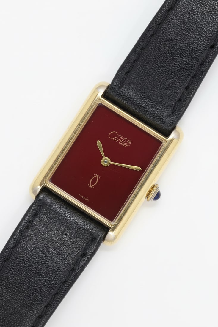 Cartier Manual Wind 925 Gold-Plated Watch: Cartier ladies' manual wind watch, reference 751124, in gold-plated 925 sterling silver. 23mm case. Burgundy dial.
