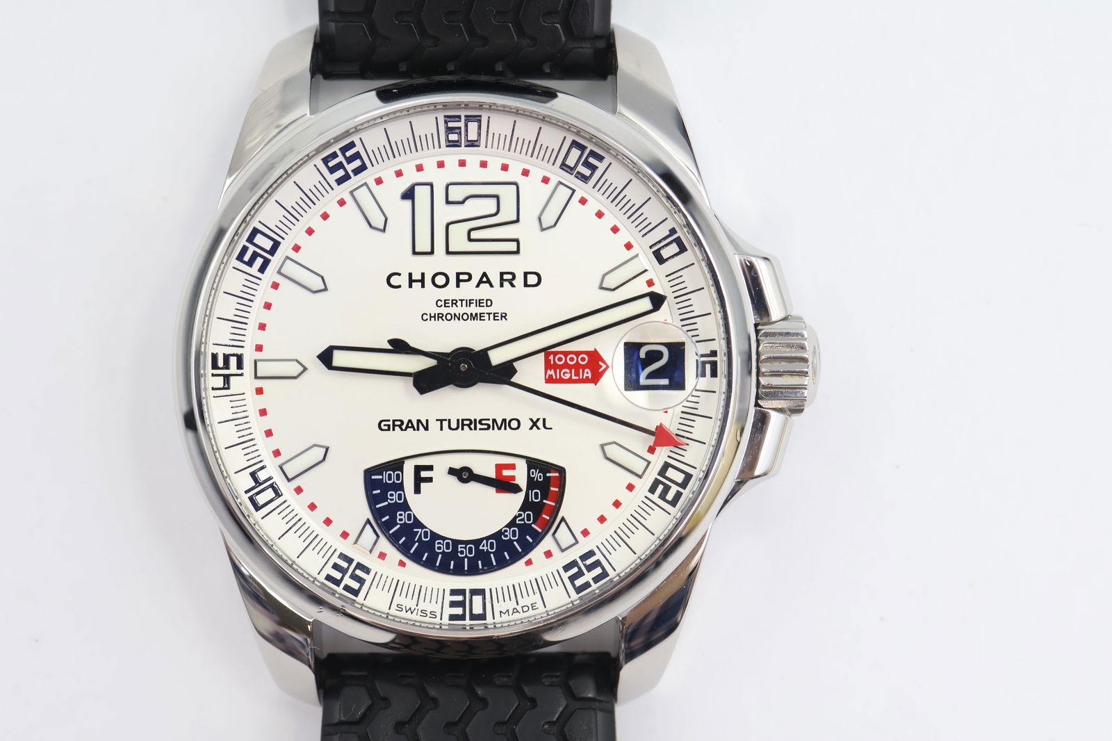 Chopard Grand Turismo XL Automatic Watch: Chopard Grand Turismo XL automatic watch. 44mm stainless steel case. Black rubber strap with tyre-tread texture. Automatic movement.