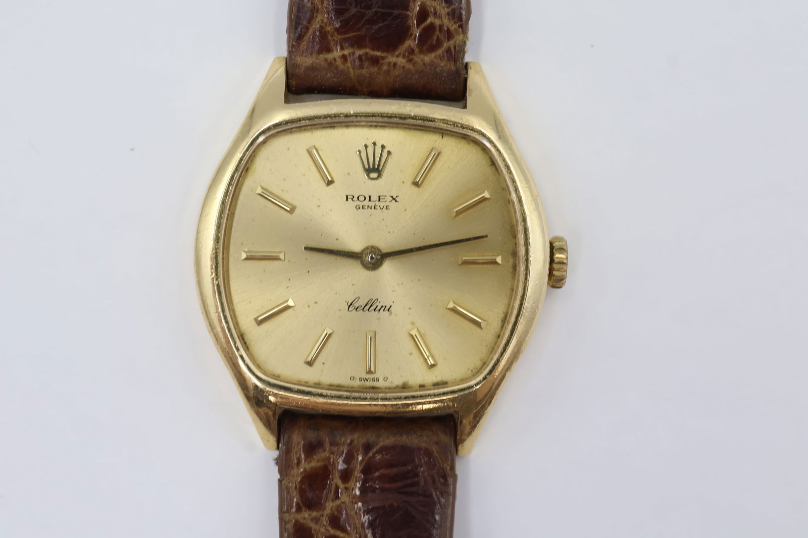 1973 Rolex Cellini 18k Gold Dress Watch 30mm: Rolex Cellini dress watch in gold, circa 1973. 30mm case. Brown leather strap.