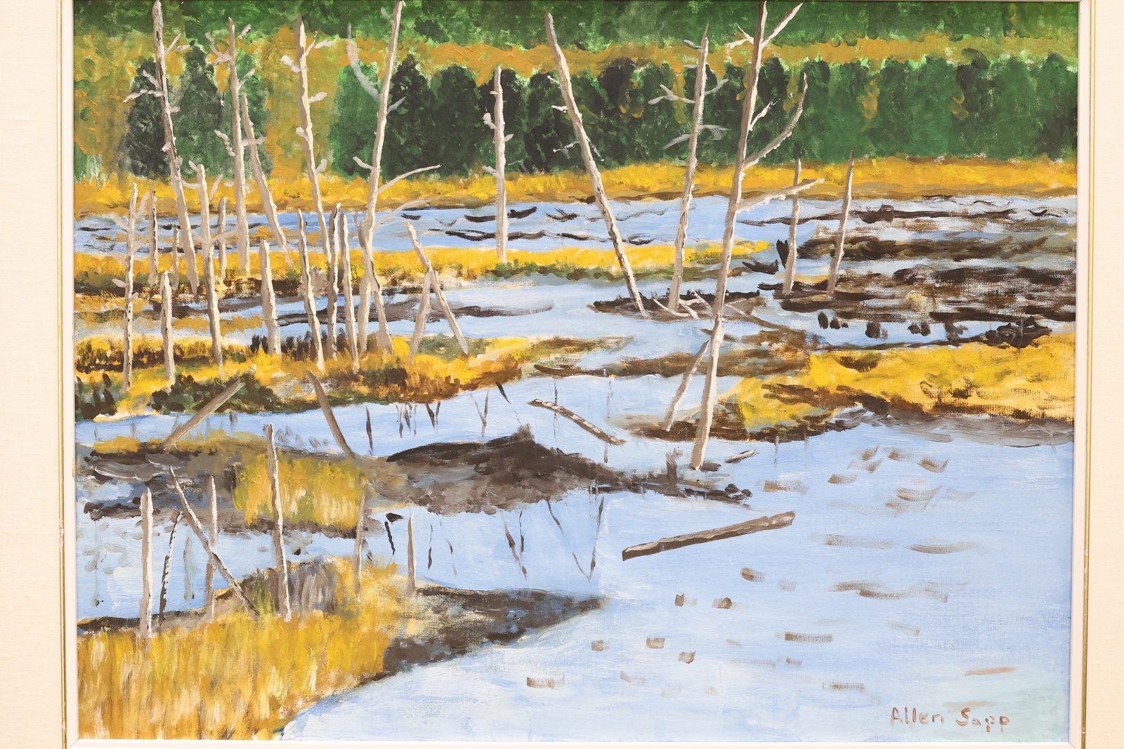 Allan Sapp, RCA OC, Cree (1929-2014): Oil on canvas board showing a summer landscape titled Swamp, Alcoma. Signed l/r, Image size: 18 x 24 inches (Frame size: 25 x 31 inches).