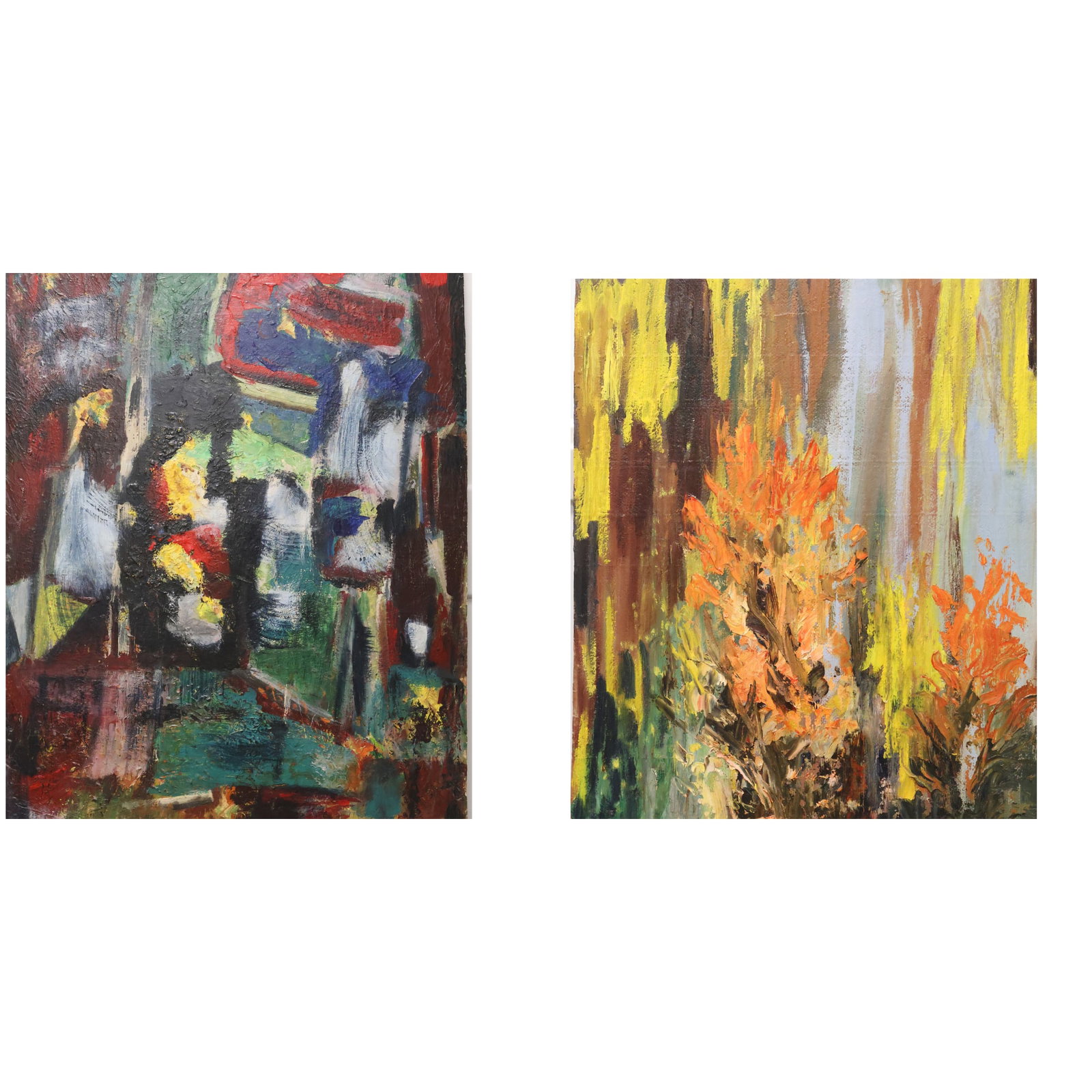 Alexandra Luke Canadian (1901-1967): A double sided oil on panel, one side features an abstract composition, the reverse shows highly stylized trees. Provenance: From the estate of Theresa McMillian, Maple Ridge BC. Each image signed l/r