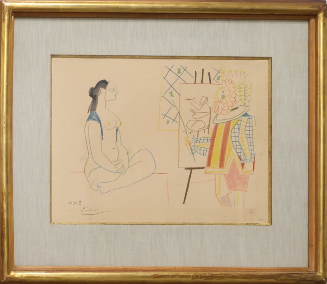 Pablo Picasso, Spanish (1881-1973): Lithograph on arches paper: Verve 29-30, 1954. Signed in pencil l/l with Verve embossed blindstamp, numbered 27/75 l/r. Image size: 9.5 x 12.5 inches (Frame size: 19 x22 inches). Condition, slight fox