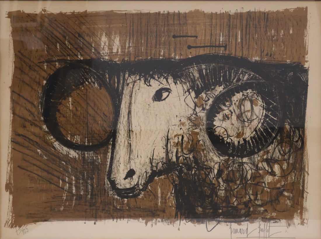 Bernard Buffet, French (1928-1999): Lithograph on paper titled Le Bélier, 1960. Signed to the margin in pencil l/r and numbered 78/125 l/l. Image size: 21 x 28 inches (Frame size: 29 x 36 inches).