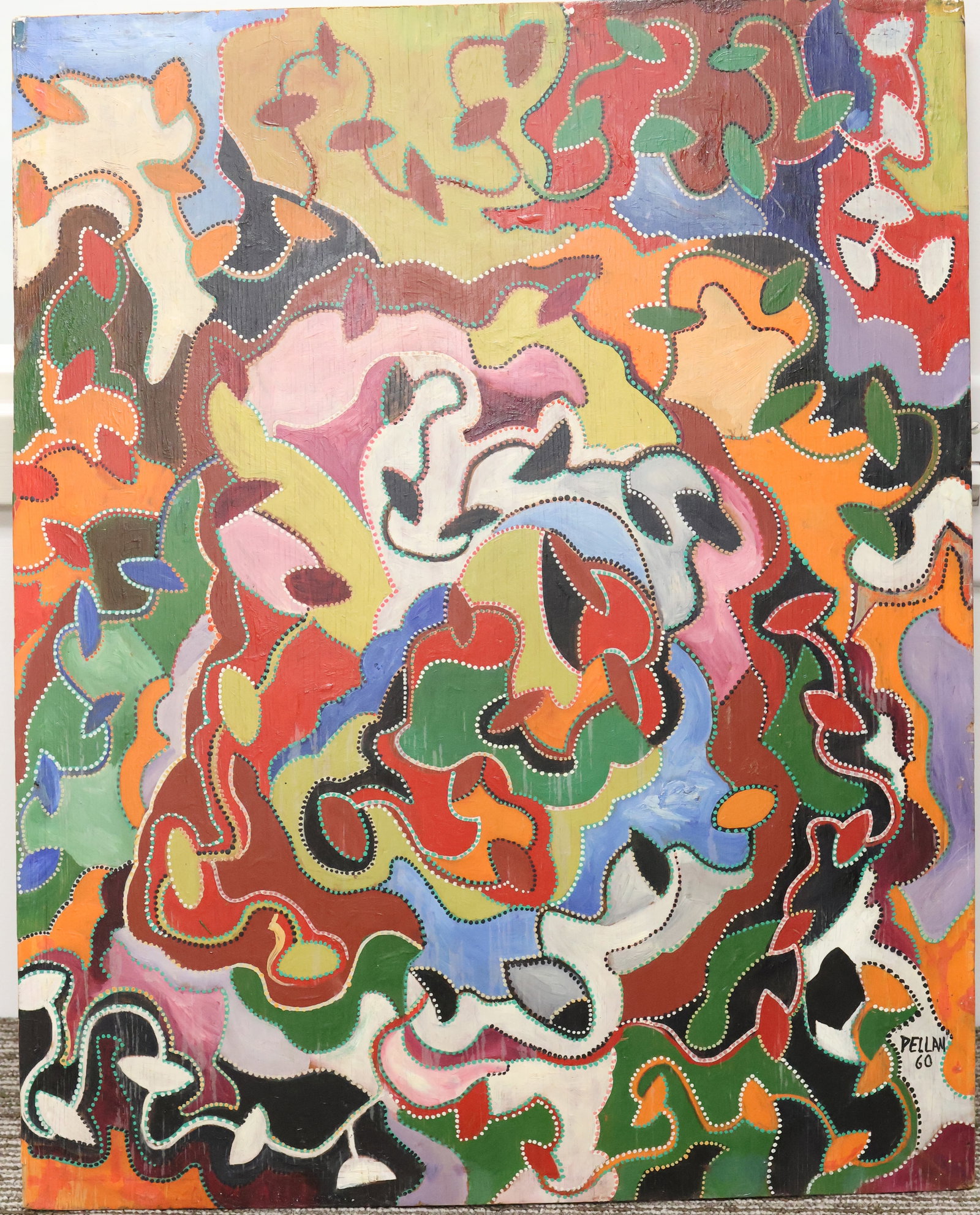 Alfred Pellan, RCA Canadian (1906-1988): Oil on panel showing a meandering abstract composition in numerous hues. Provenance: From the estate of Theresa McMillian, Maple Ridge BC. Signed & dated 1960 l/r, Image size: 23”x18.5” un