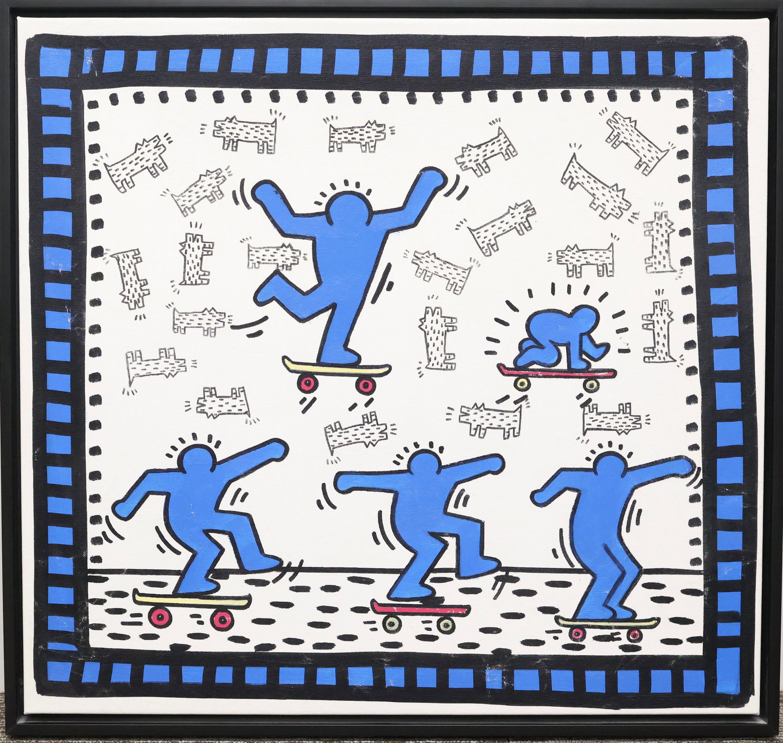 Keith Haring American (1958-1990): Acrylic on canvas, untitled showing figures skateboarding.