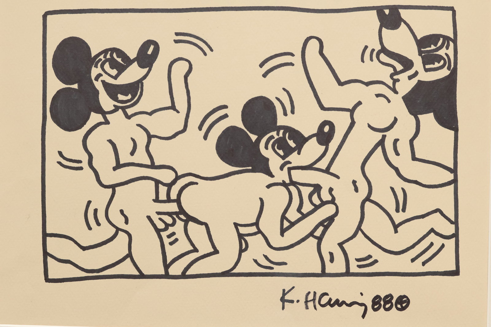 Keith Haring American (1958-1990): Black marker on paper, untitled showing an erotica scene with Mickey Mouse. Provenance: Haring estate stamp signed by Julia Gruen, executor and Tony Shafrazi Gallery, New York, NY label verso. Signed 