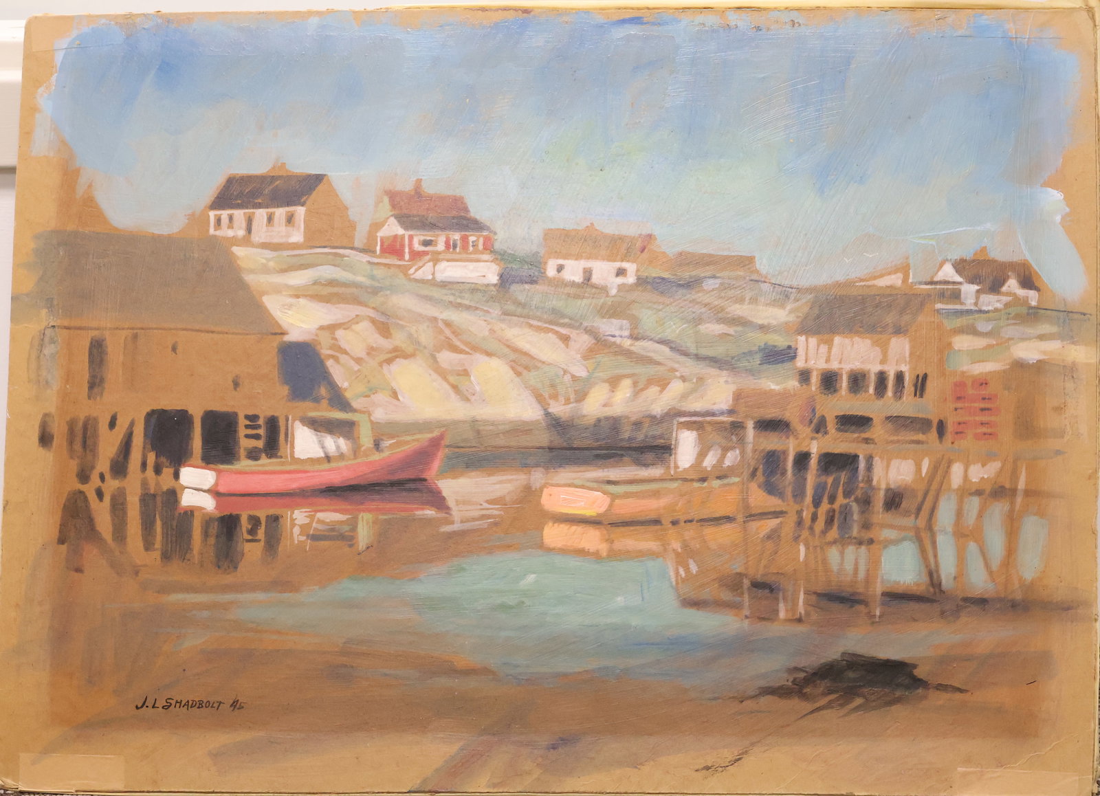 Jack Leonard Shadbolt RCA, British (Active in Canada) (1909-1998): Watercolour & gouache on pulpboard showing an English fishing village with moored boats. Provenance: From the estate of Theresa McMillian, Maple Ridge BC. Signed & dated 1945 l/l, inscribed verso Near