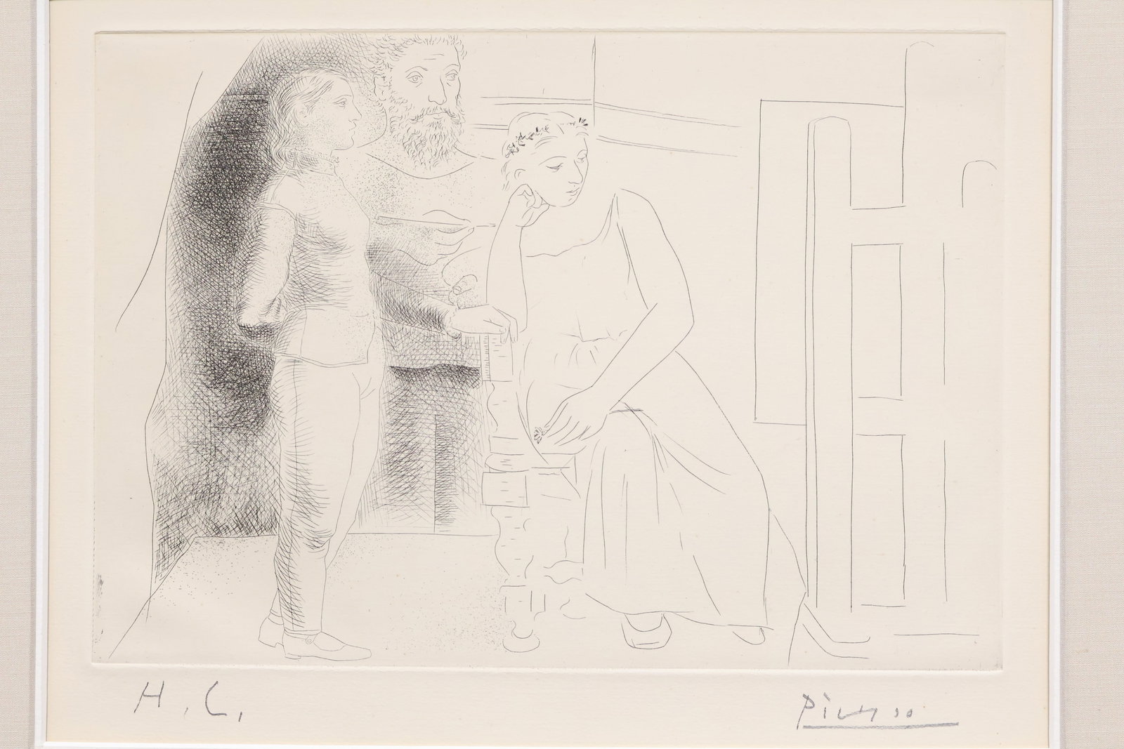 Pablo Picasso, Spanish (Spanish (1881-1973): Etching on paper titled Peintre entre deux modèles from Le Chef-d'œuvre inconnu, 1927. Signed l/r, marked H C edition l/l. Image size 7.5 x 11 inches (sheet size: 10 x 12.5 inches) matted - unframed