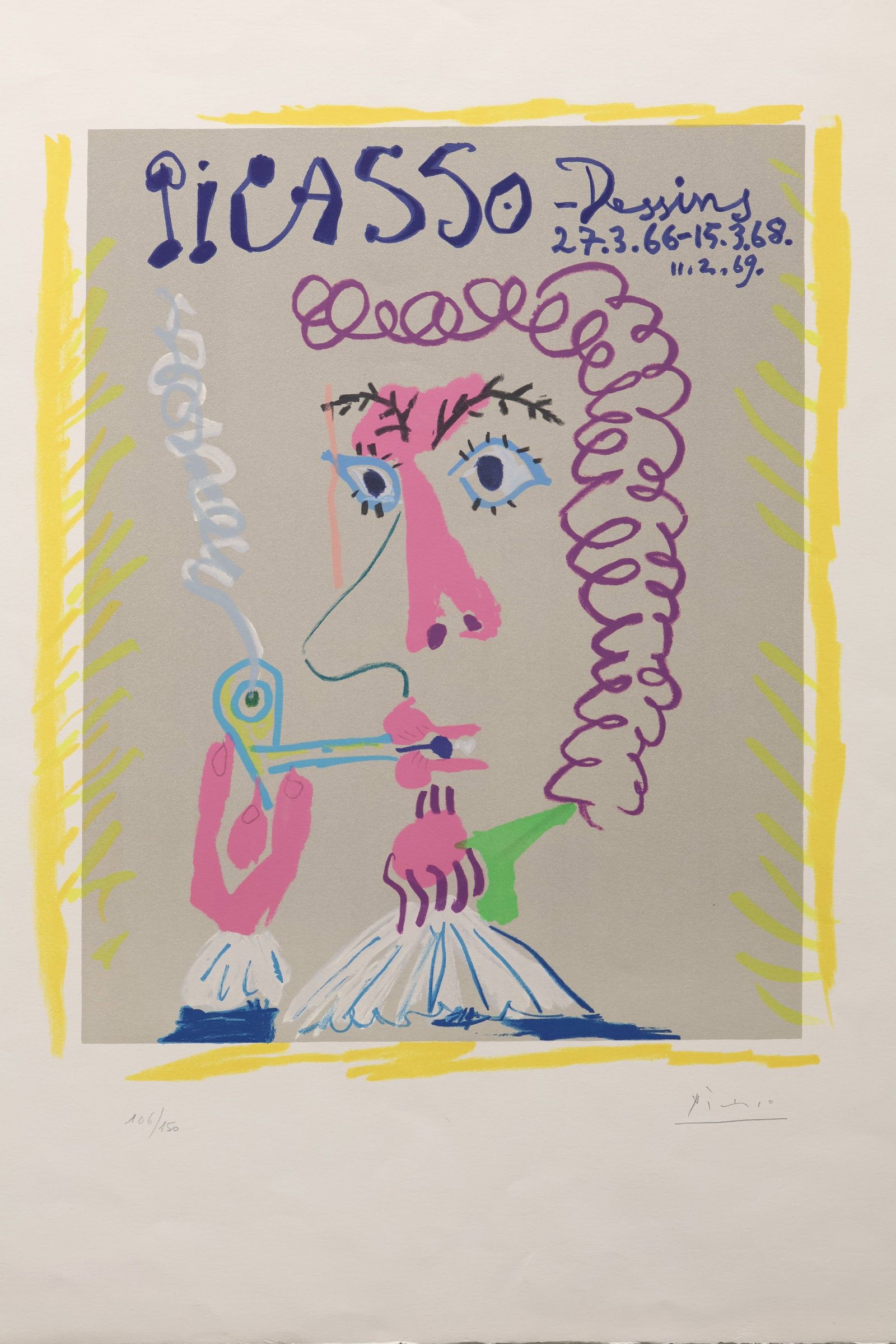 Pablo Picasso, Spanish (Spanish (1881-1973): Lithograph on BFK Rives paper titled Dessins 27.3.66-15.3.68, 1969. Signed l/r, numbered 106/150 l/l. Sheet size: 25 x 19 inches.