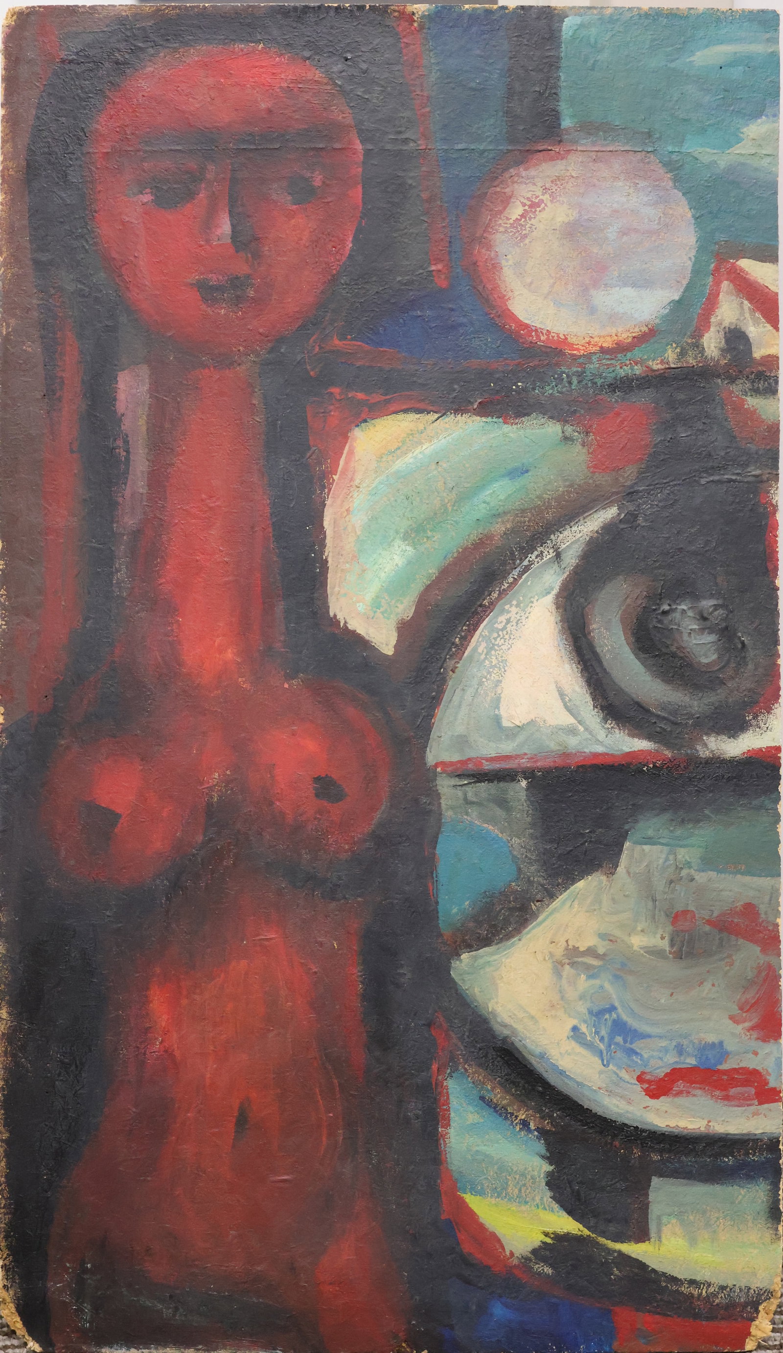 Herbert Siebner, Canadian (1925-2003): Oil on wood panel showing a standing nude flanked by an abstract composition. Provenance: From the estate of Theresa McMillian, Maple Ridge BC. Inscribed & dated 1982 verso. Image size: 20 x 11.5 inch