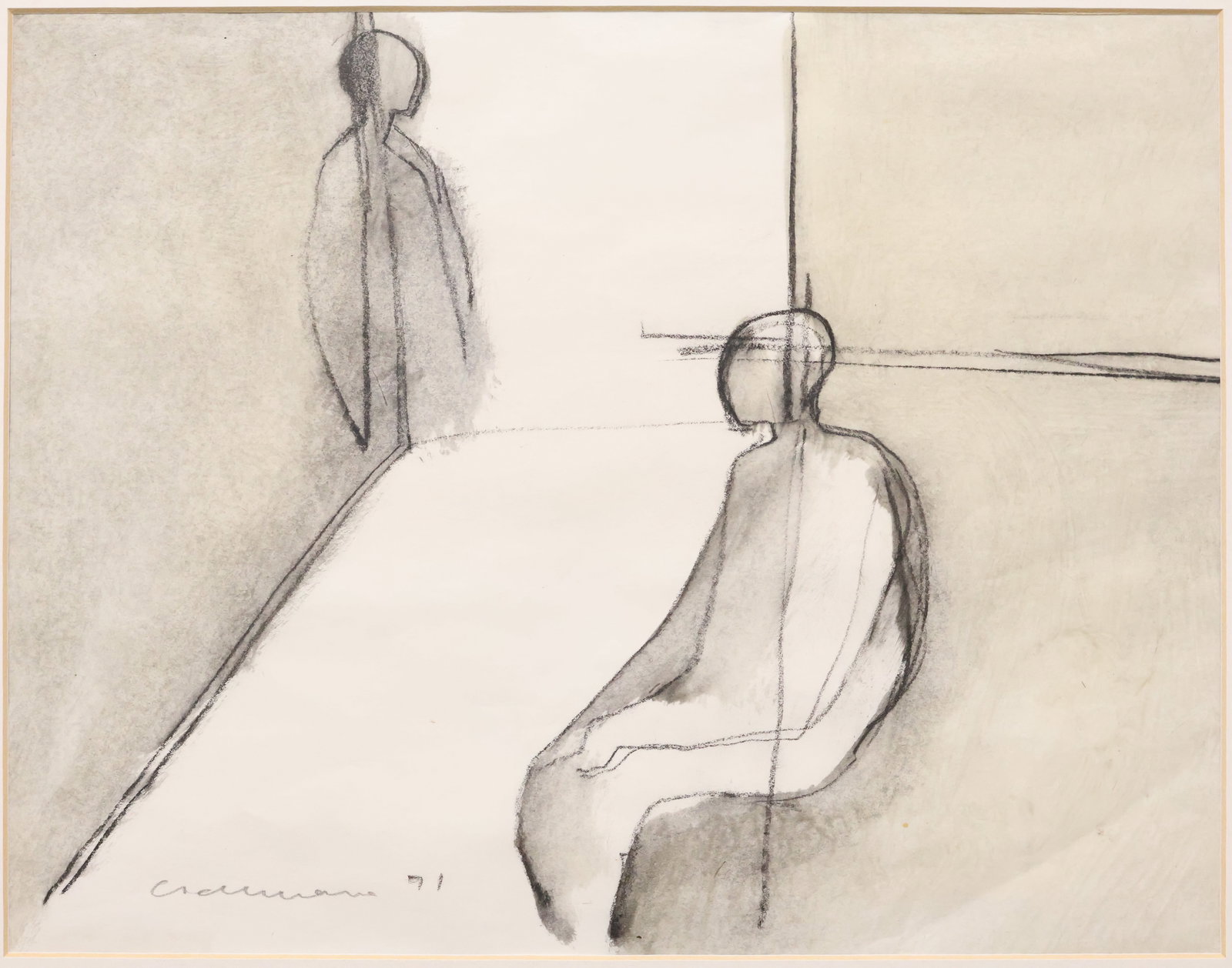 Richard Ciccimarra, Canadian (1924-1973): Charcoal and watercolour on paper showing a study of two figures. Signed & dated 1971 l/l. Image size: 8.25 x10.5 inches (Frame size: 12.5 x16.5 inches)