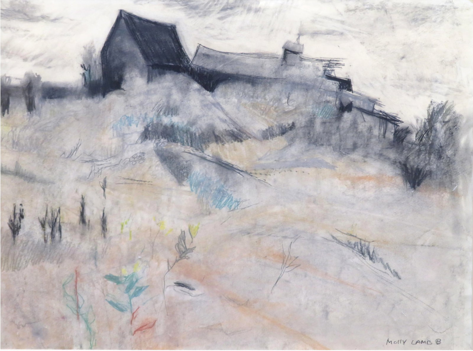 Molly Lamb Bobak RCA, Canadian, (1920-2014): Graphite & coloured pencil on paper showing a hilly landscape with farmhouse. Signed l/r. Image size: 18.5' x 24' inches, (Frame size: 27 x 32.5 inches)