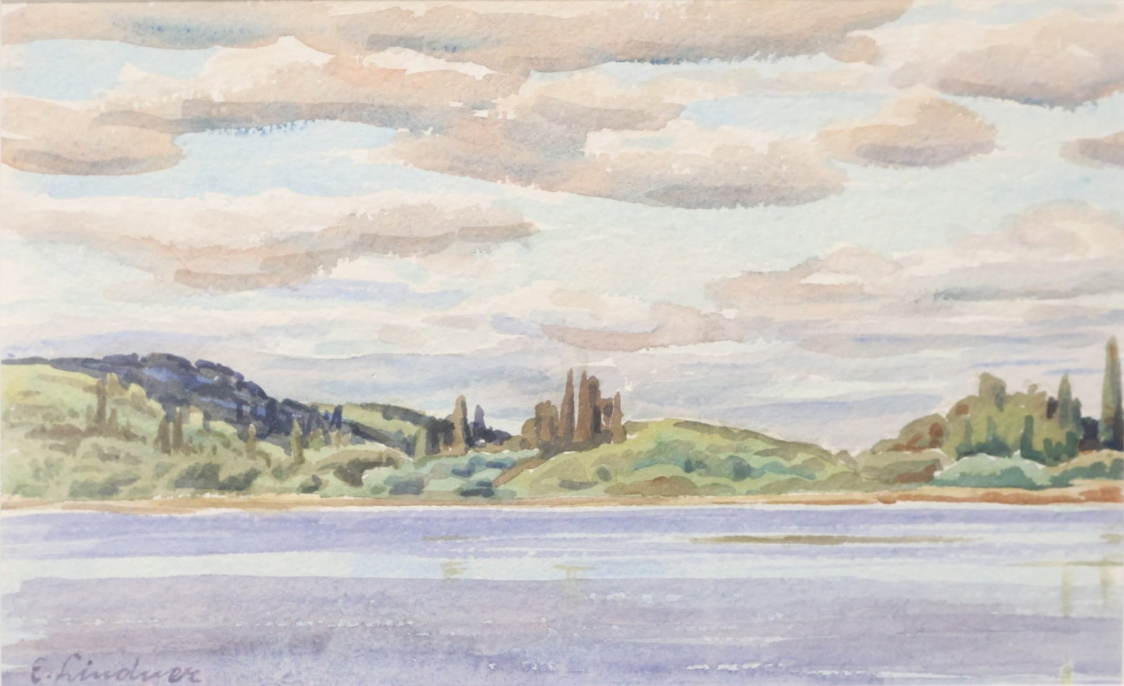 Ernest Lindner Canadian (1897-1988): Watercolour on paper showing a tranquil lake scene. Signed l/l, Image size: 7.25 x 11.75 Inches (Frame size: 12.5 x 17 Inches).