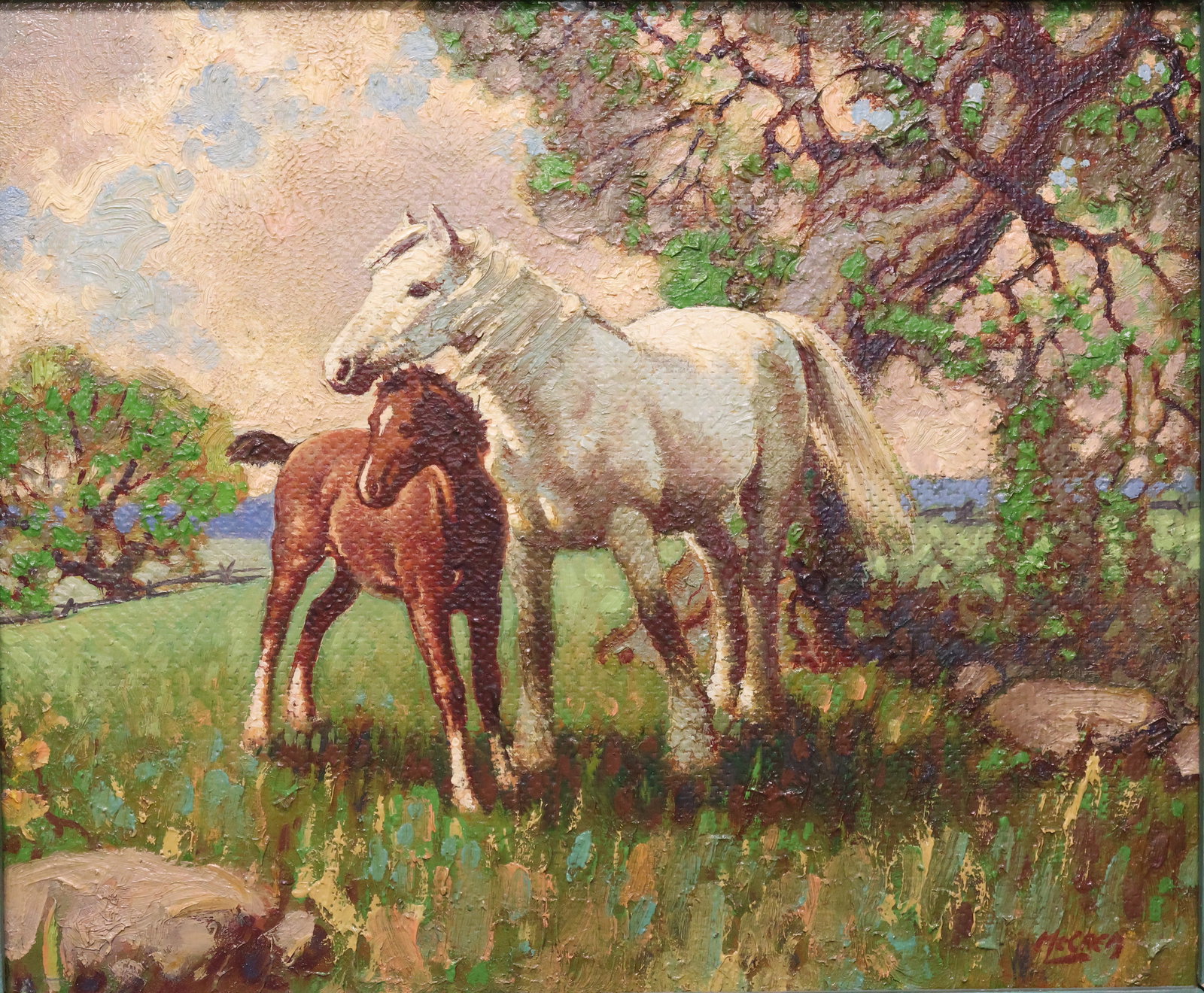 Harold Wellington McCrea, Canadian (1887-1969): Oil on board showing a mare and foal under a tree. Provenance: Exhibition lable verso - Ontario Society of Artists 66th Annual, 1938. Signed l/r, Image size: 10.5 x 12.5 inches (Frame size: 16 x 18 in