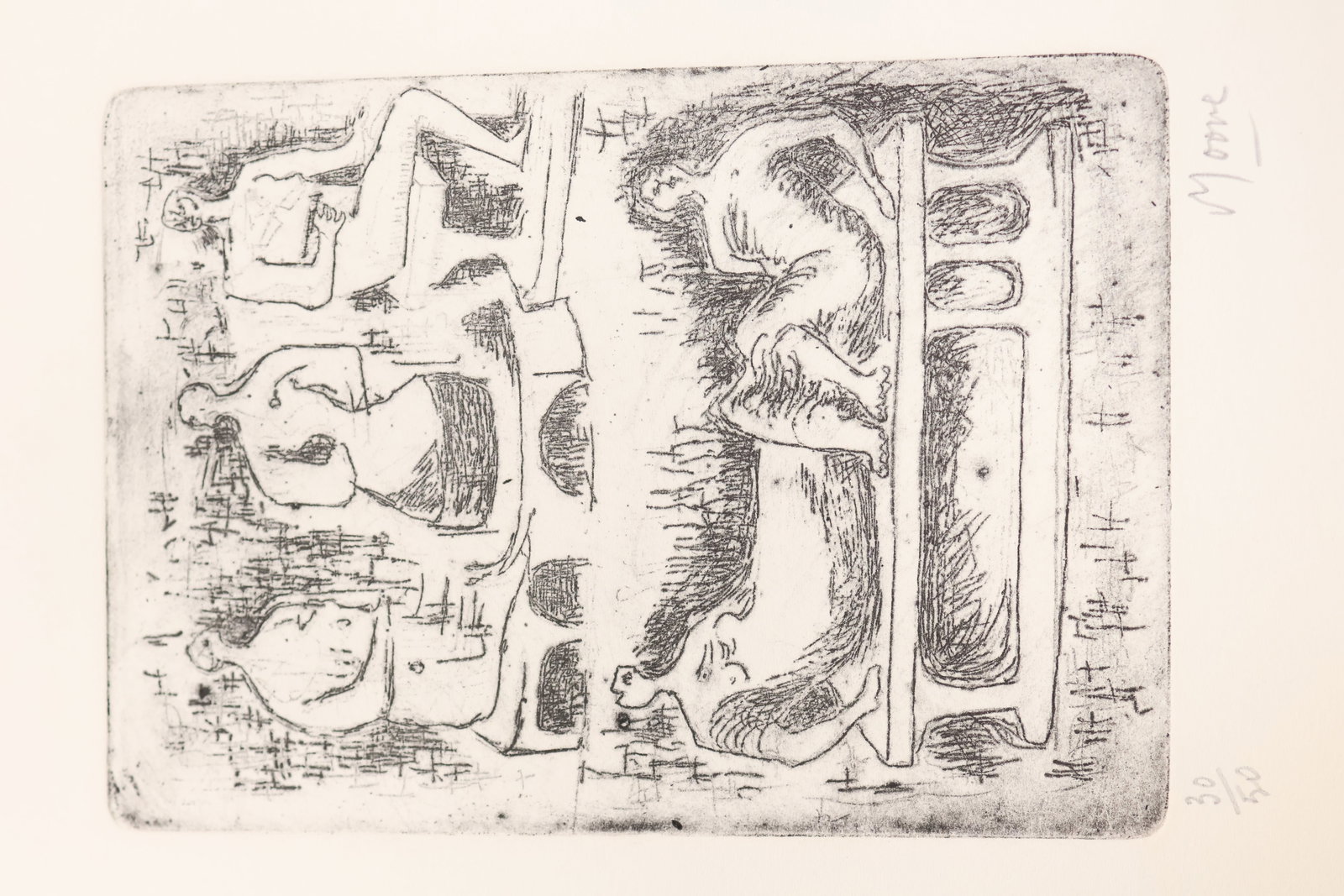 Henry Moore, British, (1898-1986): Etching on rives paper showing a figural study with reclining & seated nudes. Signed l/r & numbered 30/50 l/l. Image size: 6.5 x 5 inches, (Sheet size: 11 x 9 inches).