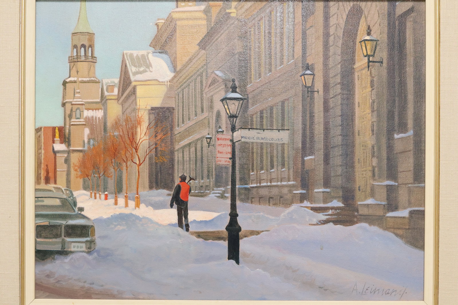 Andris Leimanis MFA, Latvian/Canadian (b.1938): Oil on canvas showing a winter street scene titled: Marche Bonsecours. Signed l/r, lengthy inscription, signed & dated 1989 verso with Gallerie Bernard Desroches, Montreal gallery label. Image size: 1