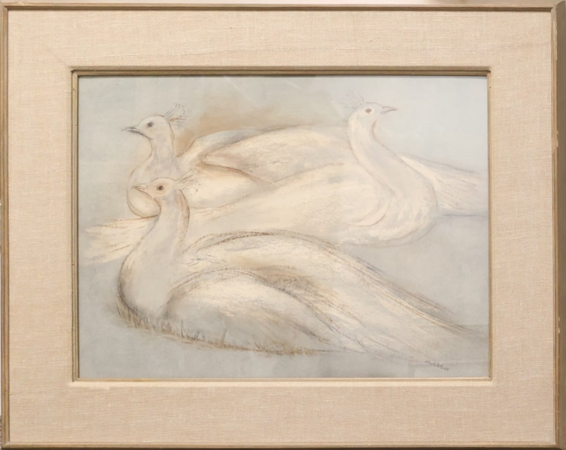 Louis Muhlstock, Canadian (1904-2001): Pastel on paper showing three white peacocks. Signed l/r, Image size: 19 x 25 inches (Frame size: 29 x 35 inches