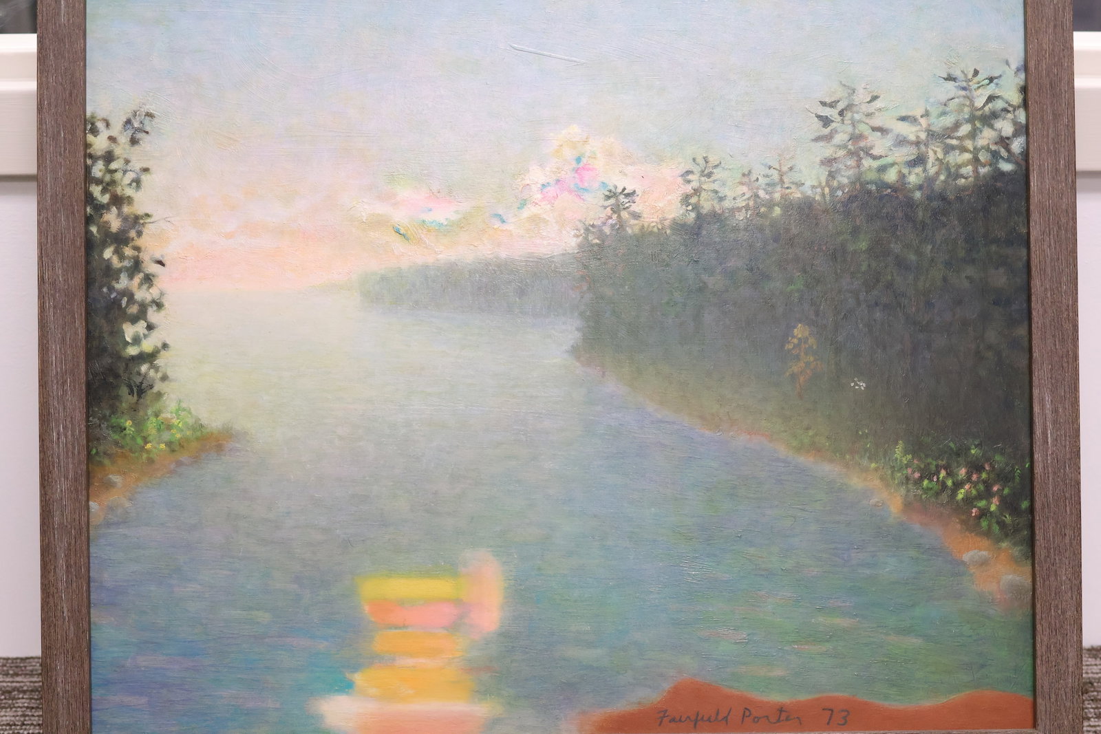 Fairfield Porter, American (1907-1975): Oil on board showing a wooded lake scene titled: Cumulonimbus. Provenance: Art Emporium, Vancouver gallery label verso. Signed & dated 1973 l/r, Image size: 16 x 20 inches, (Frame size: 18 x 22).