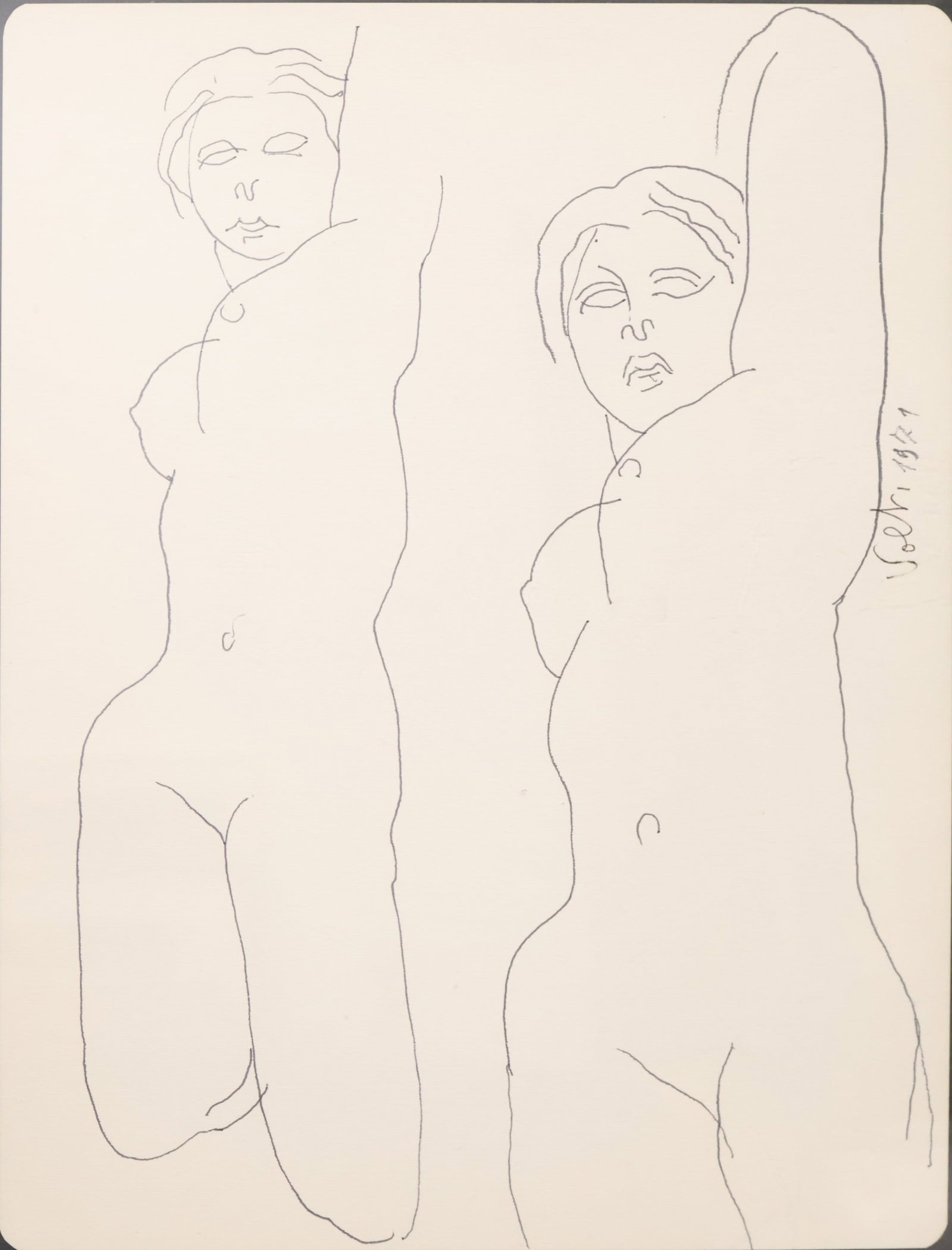 Antoniucci Volti French (1915-1989): Pen and ink on paper showing two reclining nudes. Signed & dated 1921 l/r. Image size: 10.25 x 13.25 inches, (Frame size: 18 x 20 inches).