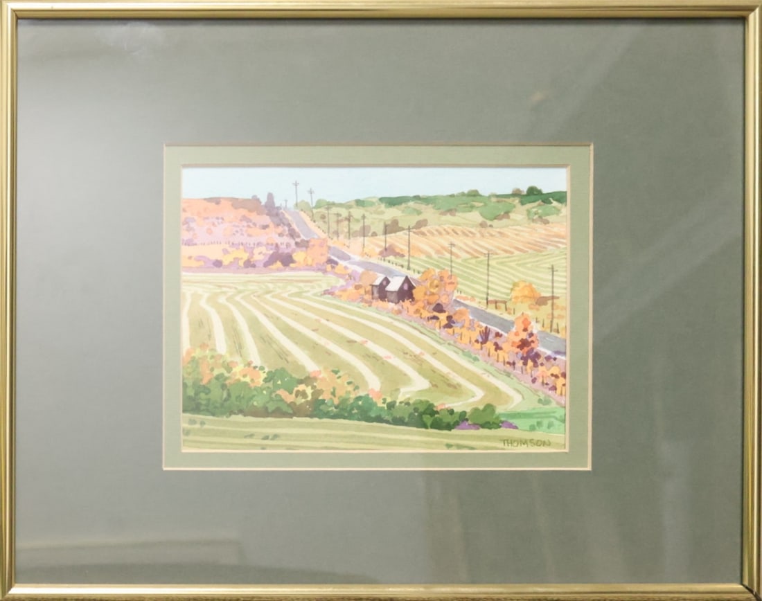 Keith Thomson Canadian (b.1934): Watercolour on paper showing a country road and rolling farmland. Signed l/r, Image size: 5.5 x 7.25 inches (Frame size: 11.5 x 14.5 inches).
