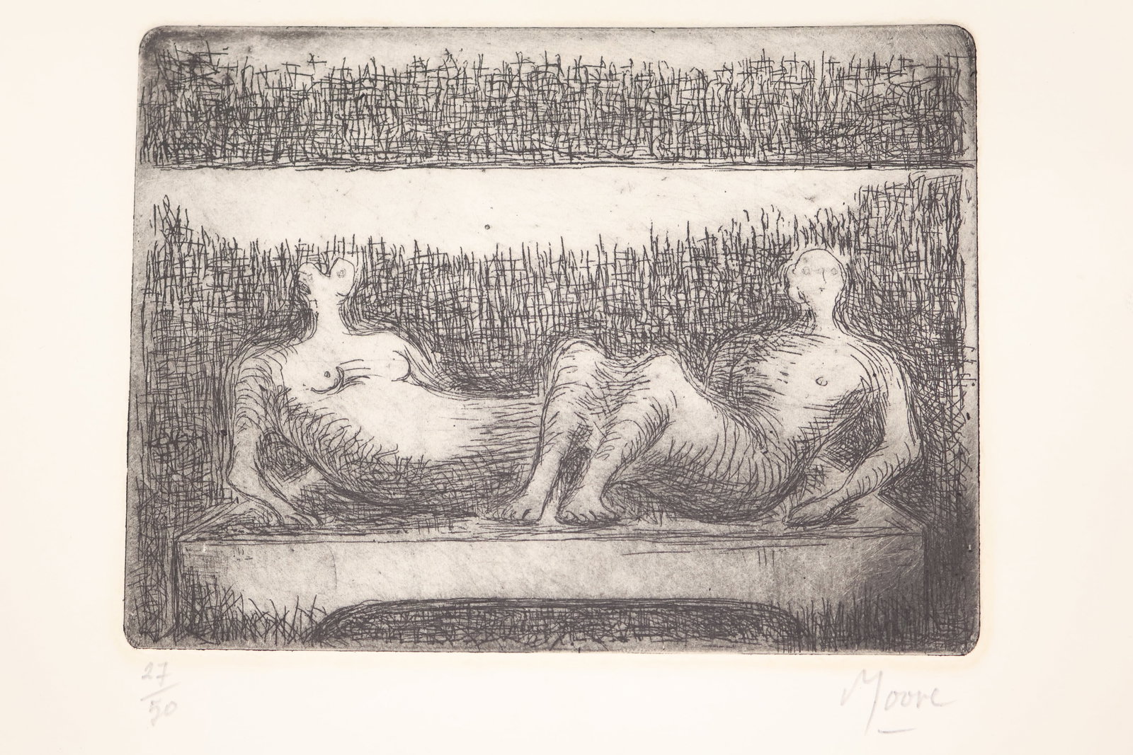 Henry Moore, British, (1898-1986): Etching on rives paper showing two reclining nudes. Signed l/r & numbered 27/50 l/l. Image size: 5 x 6.5 inches (Sheet size: 9.5 'x11 1/4 inches).