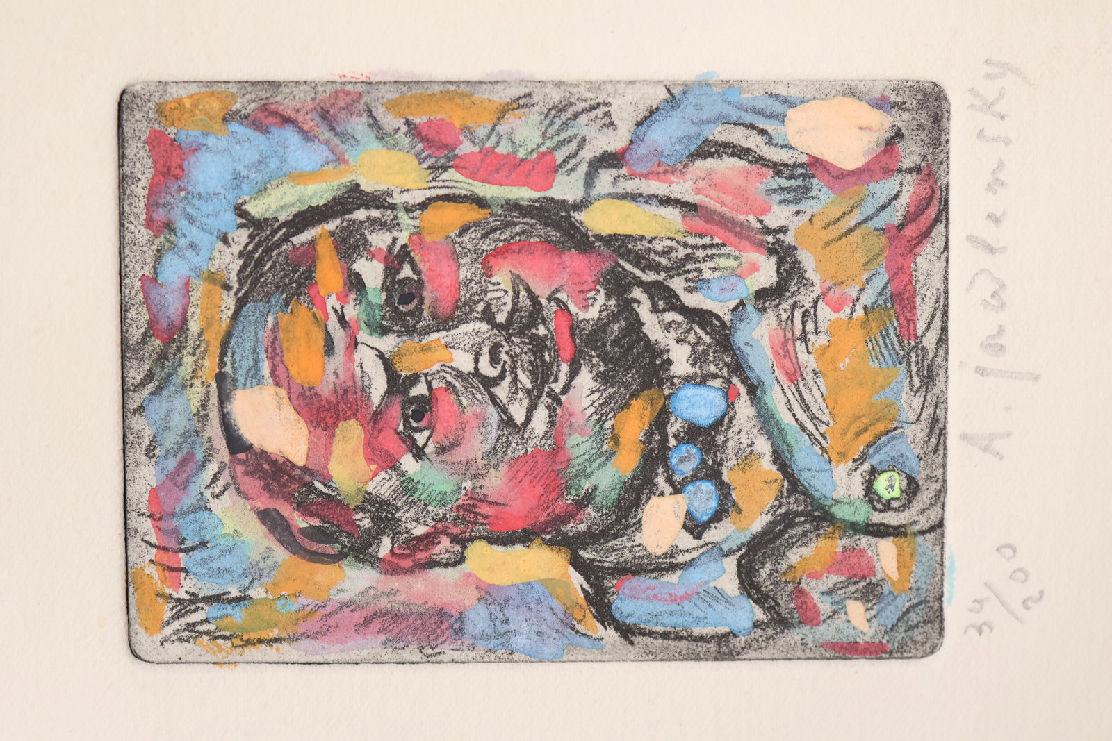 Alexej von Jawlensky Russian, (1864-1941): Hand coloured etching on rives paper, possibly a self portrait of the artist. Signed in pencil & numbered 34/200 to the margin. Image size: 3 3/4 x2 3/4 inches (Sheet size: 12 x 9.5 inches).