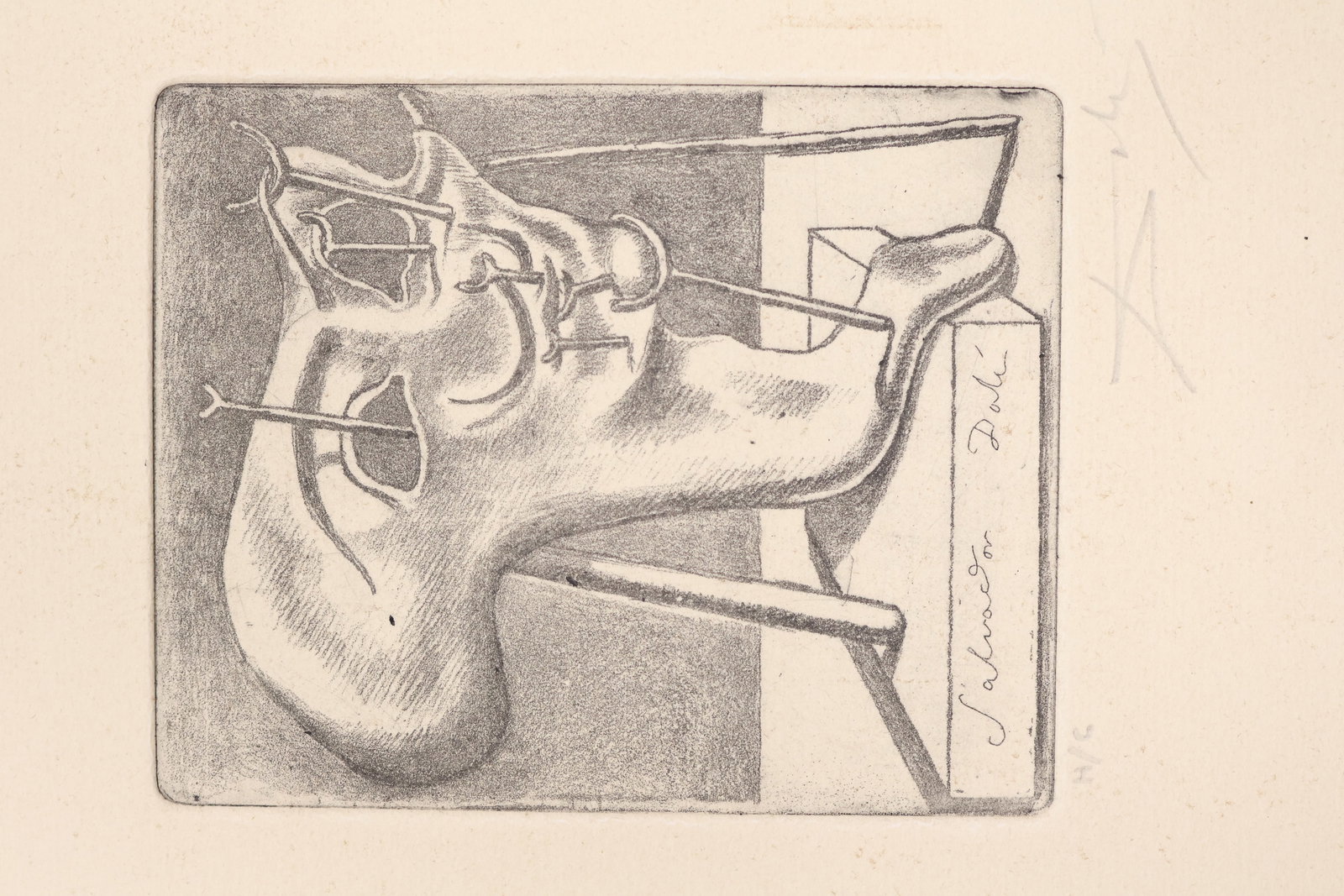 Salvador Dali, (Spanish, 1904-1989): Etching on rives paper titled: Soft Self-Portrait. This H/C (Hors Commerce edition) is plate signed & hand signed in pencil to the margin including H/C. Image size: 5 x 4 inches (Sheet size: 12 1/4 x1