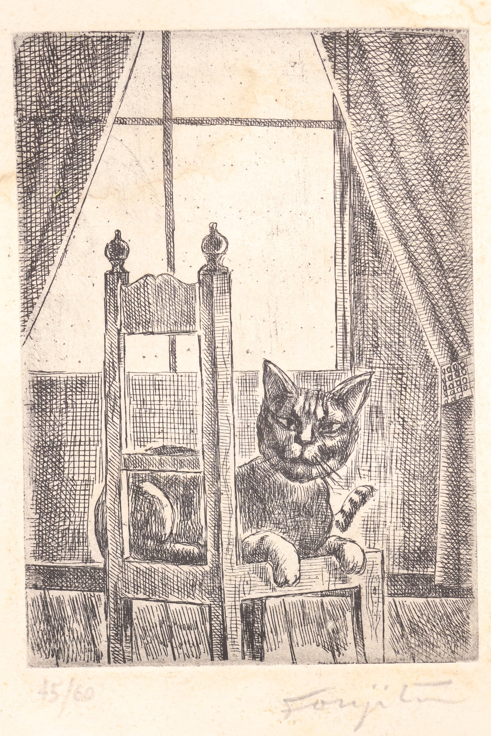 Leonard Tsuguharu Foujita, Japanese (1886-1968): Etching on paper showing a seated cat on a joint char by a window. Signed & numbered 45/60 in pencil to the margin. Sheet size: 11 x 8.5 inches unframed. Condition noted - water damage.