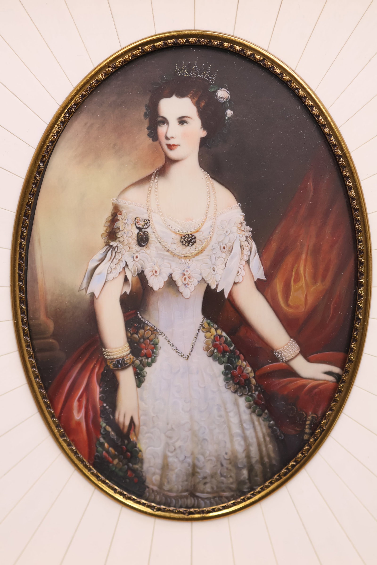 European School: A finely detailed hand painted portrait of Empress Elisabeth (Sissi) of Austria, (1837-1898) unsigned. The whole is mounted in a bronze, bone and gilt frame. Image size: 5.25 x 3.75 oval, (Frame size: