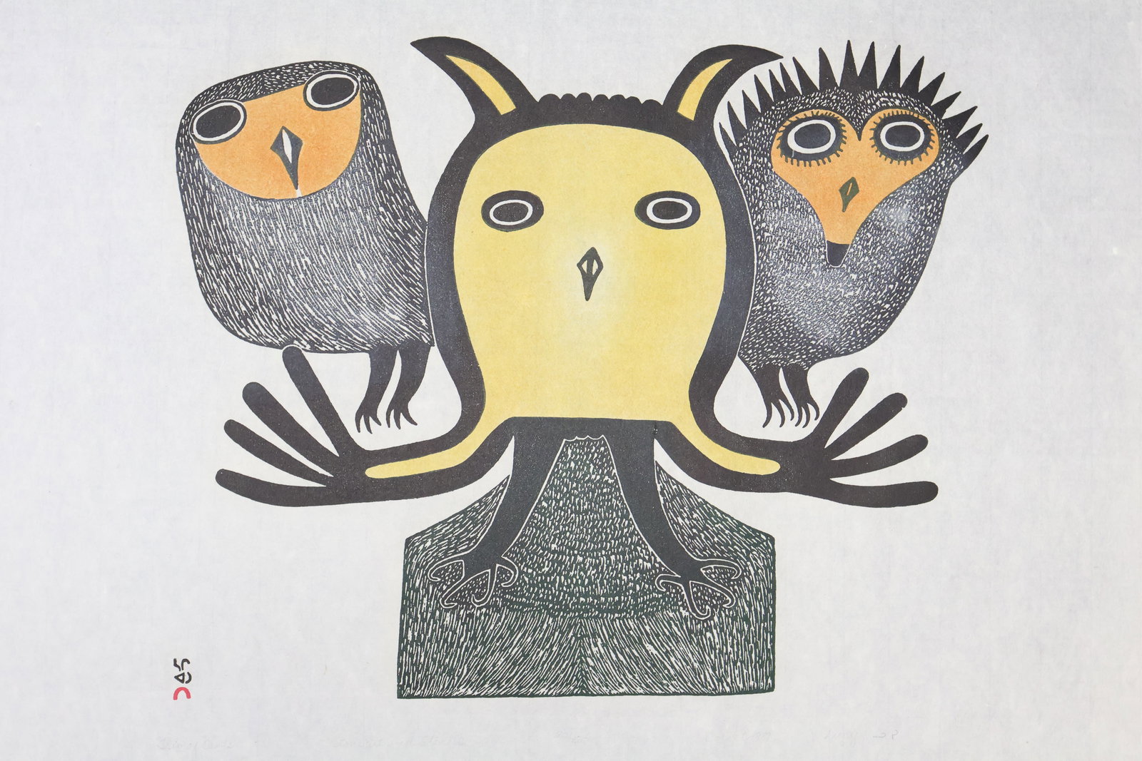 Lucy Qinnuayuak, Inuit (1915-1982): Stonecut and stencil on paper titled Trio of Owls, 1981. Signed, dated, titled & numbered 20/50 in pencil to the margin with embossed blindstamp. Sheet size: 23.5 x 29 inches unframed.