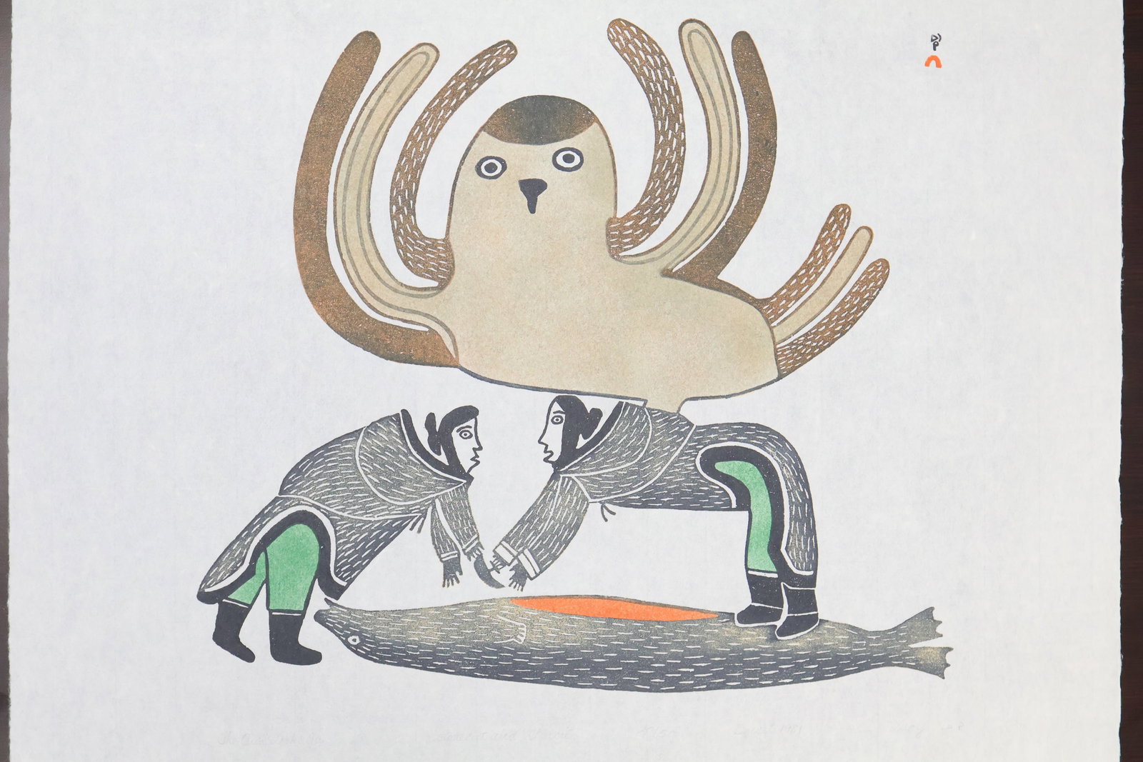 Lucy Qinnuayuak, Inuit (1915-1982): Stonecut and stencil on paper titled The Owl Looks On, 1981. Signed, dated, titled & numbered 20/50 in pencil to the margin with embossed blindstamp. Sheet size: 25 x 27.5 inches unframed.