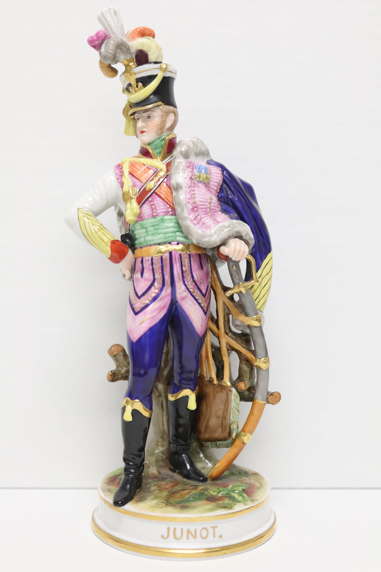 Müller Volkstedt porcelain figurine: This entirely hand painted figurine depicts General Jean-Andoche Junot, who became Napoleon’s Secretary in 1793 and fought in the Battle of Austerlitz in 1805. Height 12 inches.