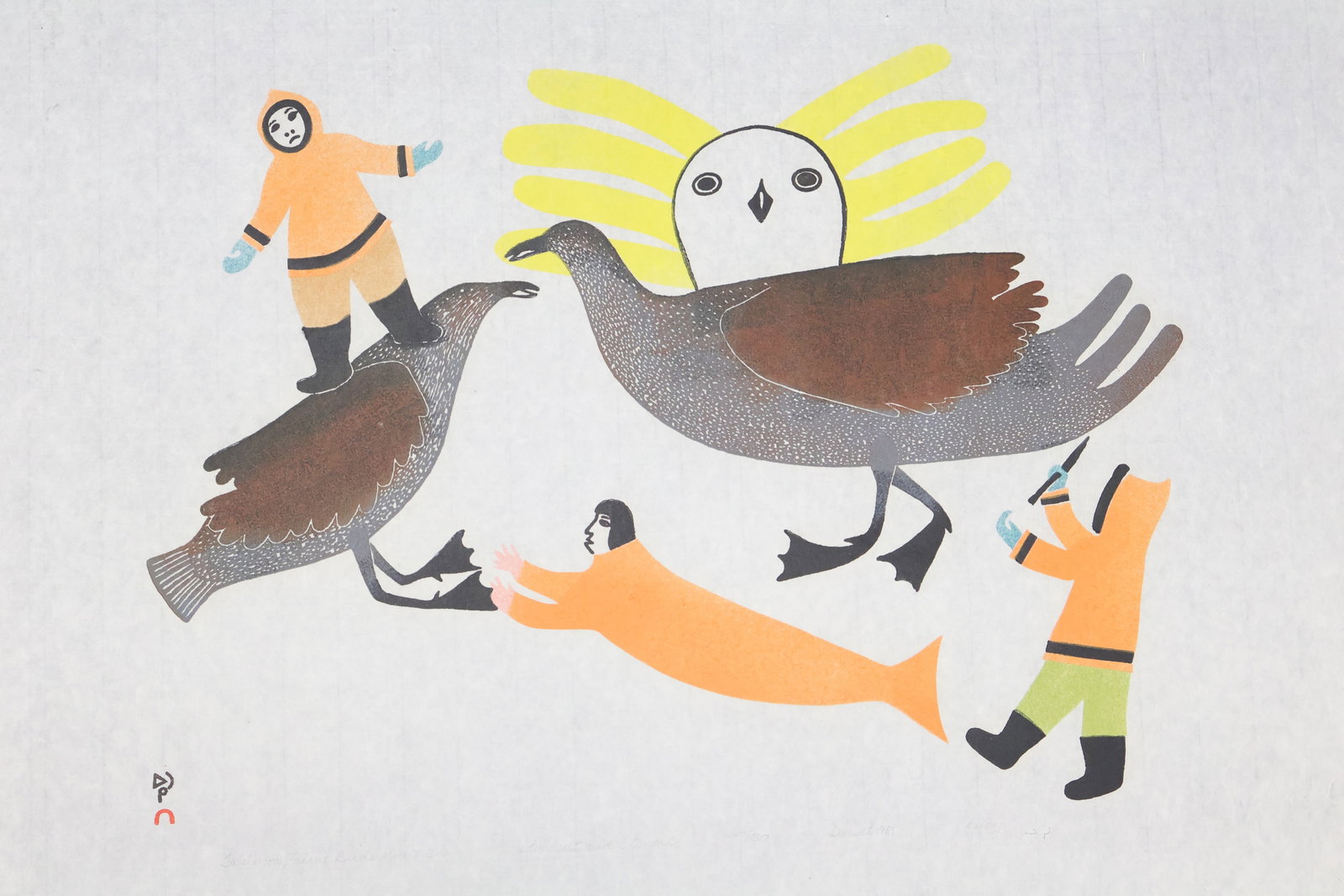 Lucy Qinnuayuak, Inuit (1915-1982): Stonecut and stencil on paper titled Talelayou, Giant Birds and Men, 1981. Signed, dated, titled & numbered 20/50 in pencil to the margin with embossed blindstamp. Sheet size: 24 x 33.5 inches