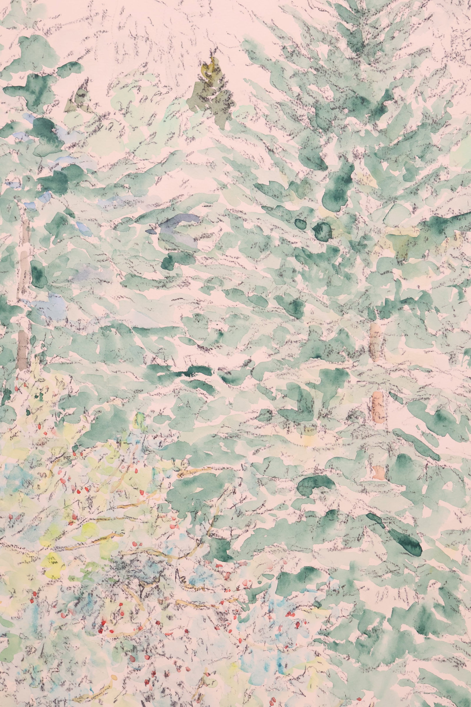 Dorothy Knowles, Canadian (1927-2023): Watercolour on Arches paper titled: Fir Trees at Banff, 1994. Provenance: Douglas Udall Gallery, Edmonton label included. Signed l/r, sheet size: 30 x 22 inches unframed.