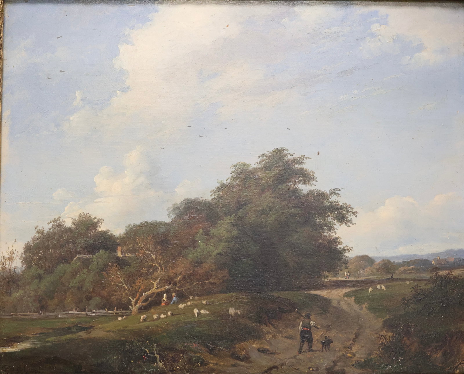 Jan De Groot, Dutch, (1807-1872): Oil on board showing a pastoral scene with figures and sheep by a country path. Signed l/l, plaque fixed to the front, old inventory label verso with Thom Fine Art, Toronto stamp. Image size: 9.25 x 1