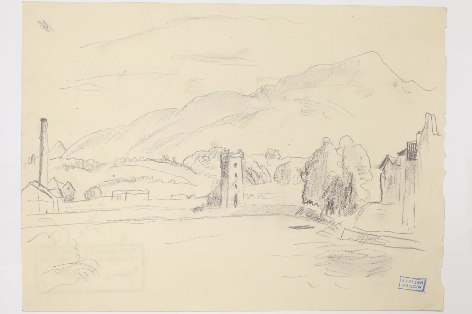 Jules Pascin, Bulgarian (1885-1930): Pencil Sketch on paper showing a Moroccan village with mountains to the background. Provenance: Artist estate stamps front & back, sheet size: 6 x 8 inches unframed.