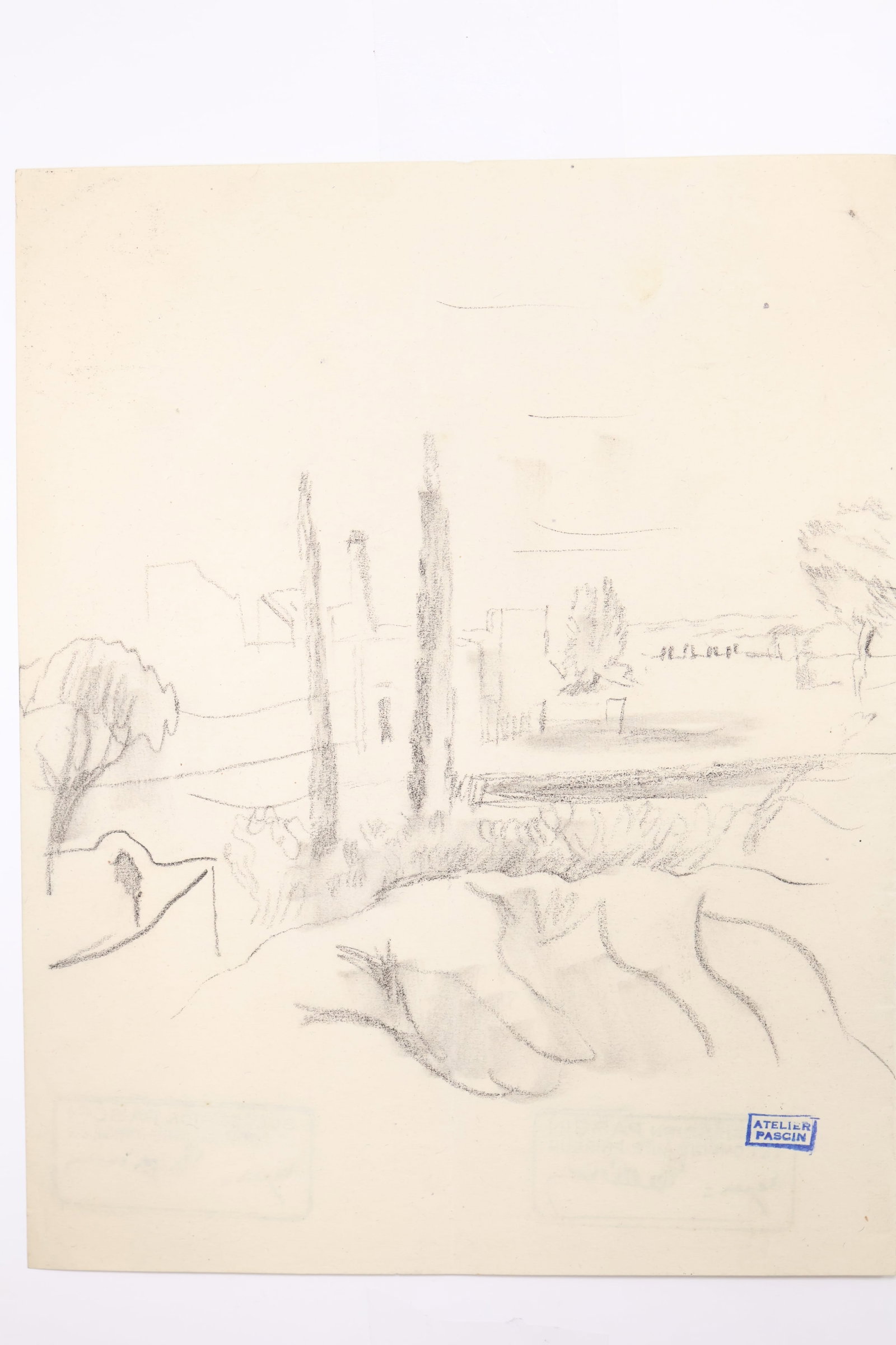 Jules Pascin, Bulgarian (1885-1930): Charcoal sketch on paper showing a Moroccan village scene. Provenance: Artist estate stamps front & back, sheet size: 8.5 x 7 inches unframed.