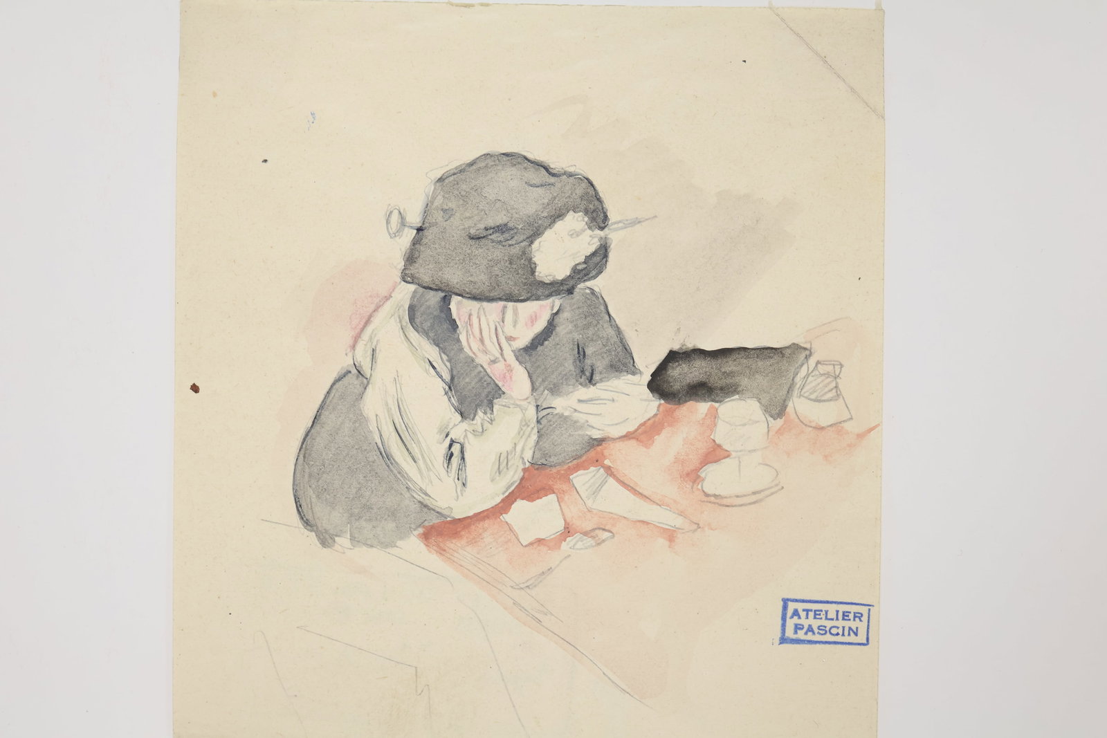 Jules Pascin, Bulgarian (1885-1930): Pencil and Watercolour sketch on paper showing a seated woman in fancy attire. Provenance: Artist estate stamps front & back, sheet size: 4.25 x 4.25 inches unframed.