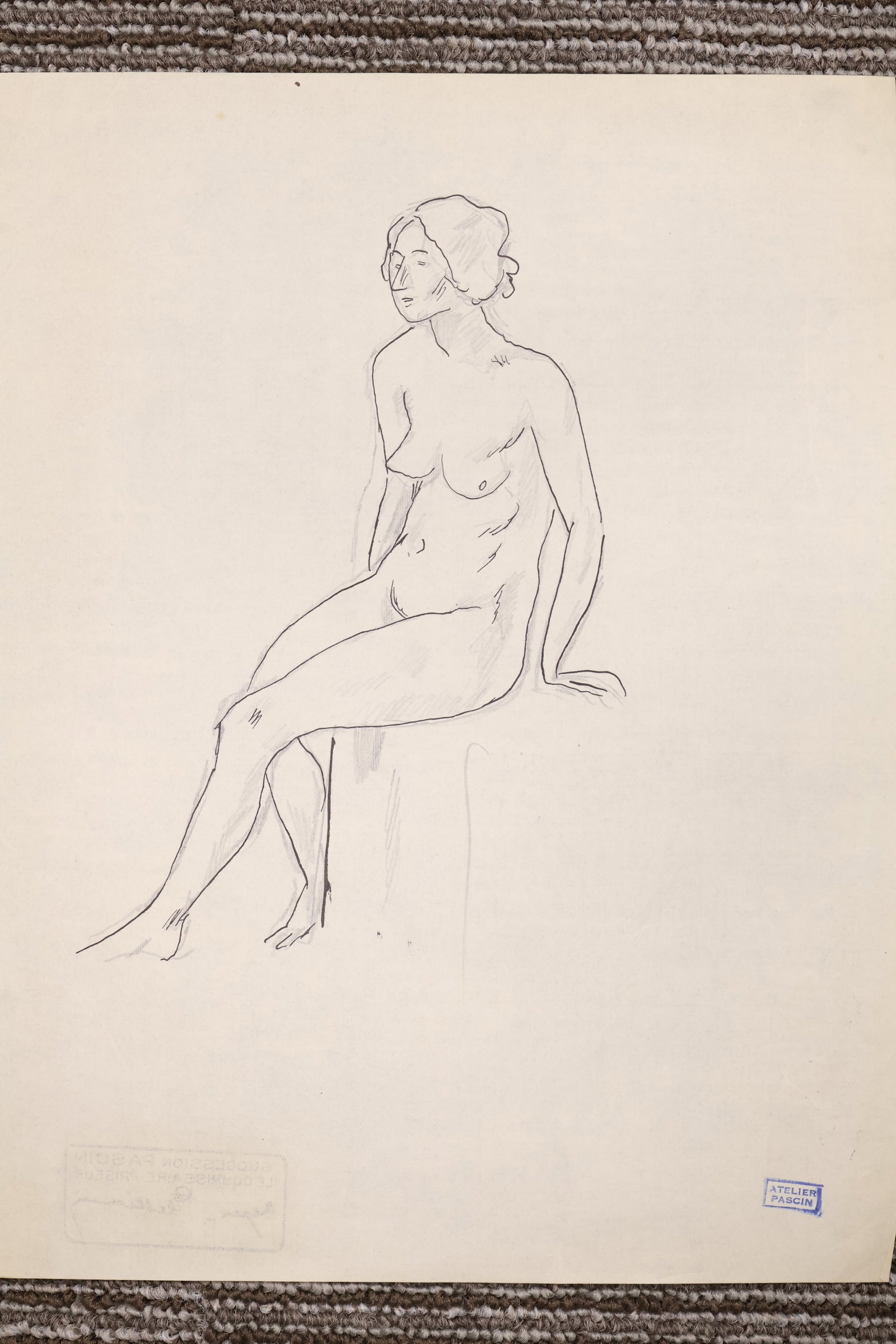 Jules Pascin, Bulgarian (1885-1930): Pencil and ink sketch on paper showing a nude study of a seated famale. Provenance: Artist estate stamps front & back, sheet size: 11 x 8.25 inches unframed.
