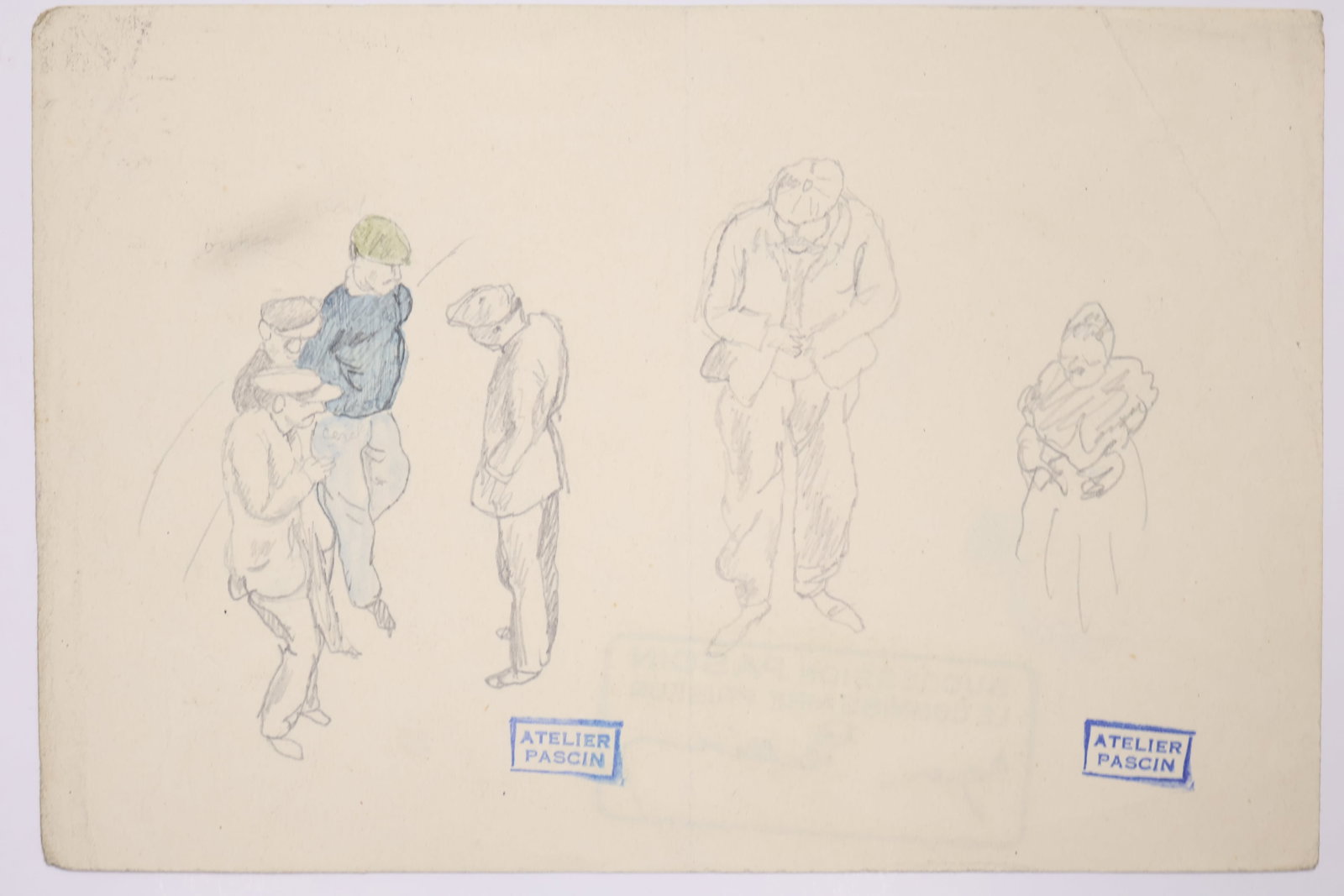 Jules Pascin, Bulgarian (1885-1930): Pencil and Watercolour sketch on paper showing a study of standing male figures. Provenance: Artist estate stamps front & back, sheet size: 4 x 6 inches unframed.