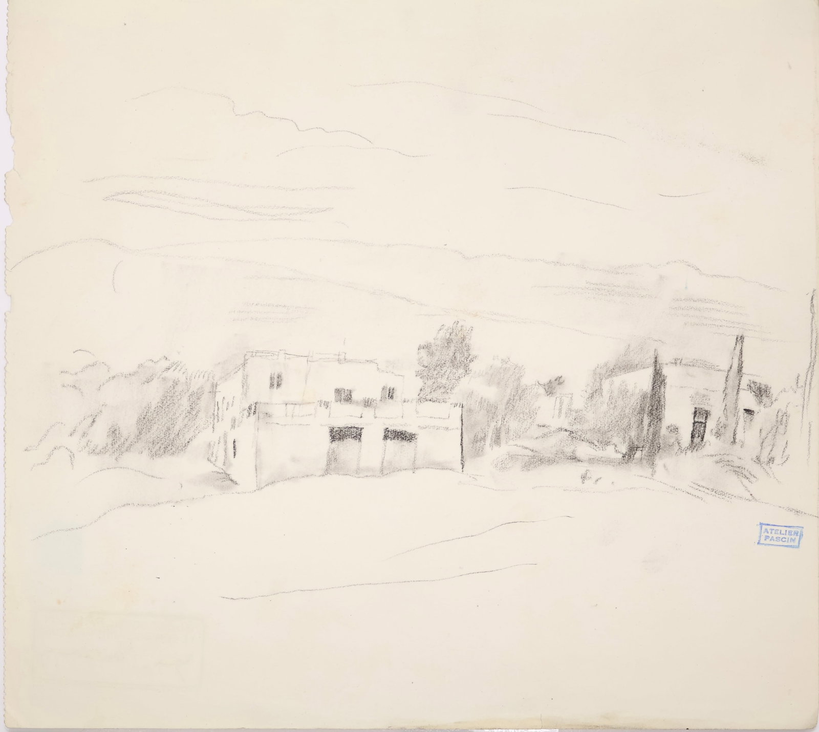 Jules Pascin, Bulgarian (1885-1930): Charcoal sketch on papershowing a Moroccan village scene. Provenance: Artist estate stamps front & back, sheet size: 9 x 10 inches unframed.