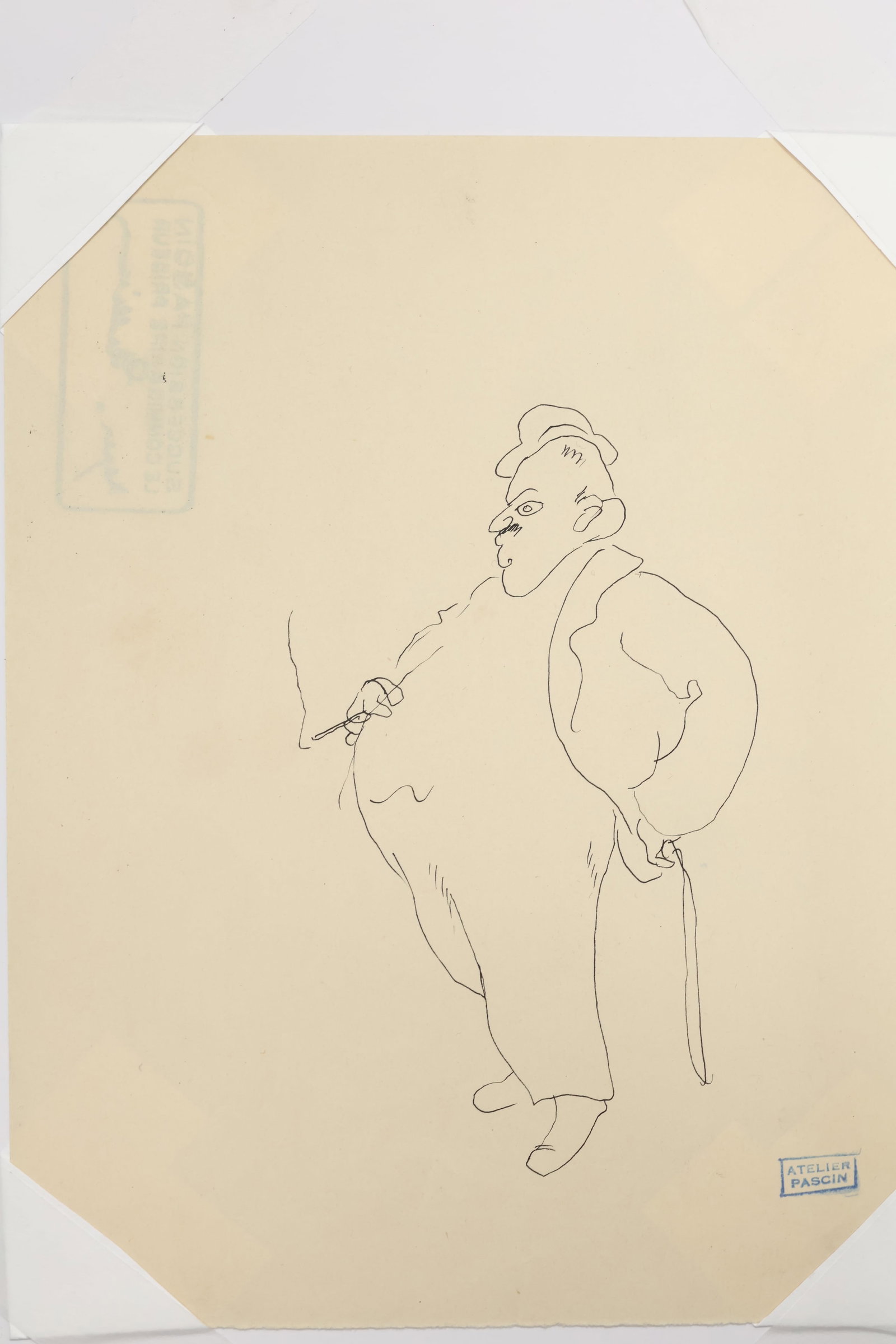 Jules Pascin, Bulgarian (1885-1930): Pen and ink sketch on paper showing a caricature study of a portly man smoking. Provenance: Artist estate stamps front & back, sheet size: 8 x 6.25 inches unframed.