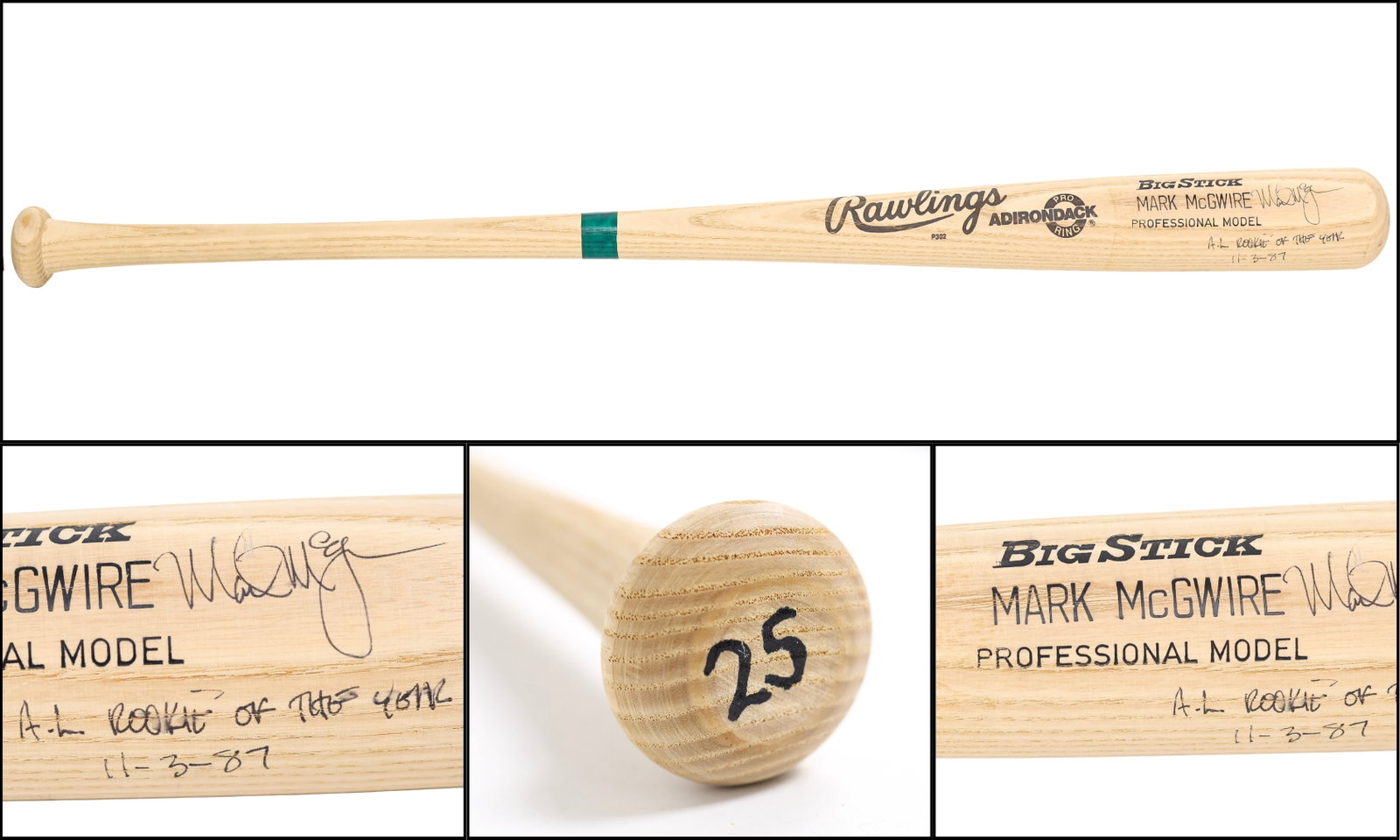 Mark McGwire Signed Adirondack Big Stick Professional Model Bat with A.L. R.O.Y. 11-3-87 Inscription (1 of 6)