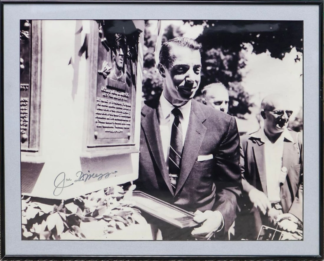 Joe DiMaggio Signed Hall of Fame Plaque Presentation Photograph: Joe DiMaggio Signed Hall of Fame Plaque Presentation Photograph - JSA LOA (Greenshields Collection) Large framed black-and-white photograph featuring New York Yankees legend Joe DiMaggio during a Hall