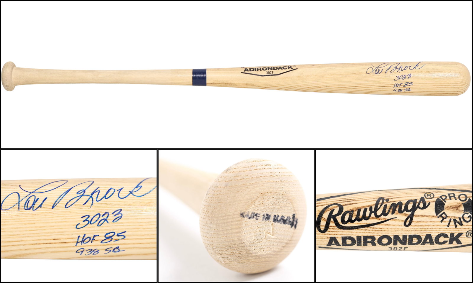Lou Brock Signed Rawlings Adirondack Bat with '3023 – HOF 85 – 938 SB' Inscriptions (1 of 6)